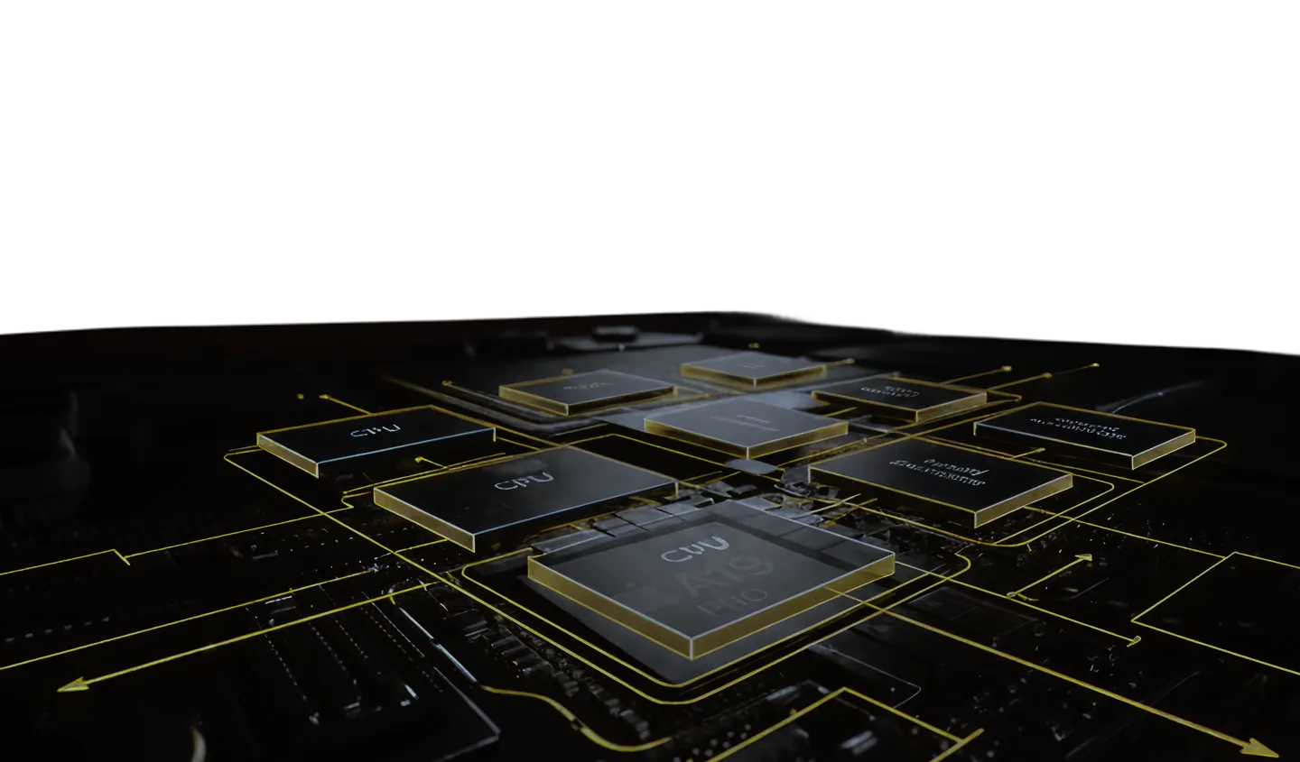 Close-up of a computer motherboard with multiple highlighted CPU chips and circuitry in black and yellow tones.