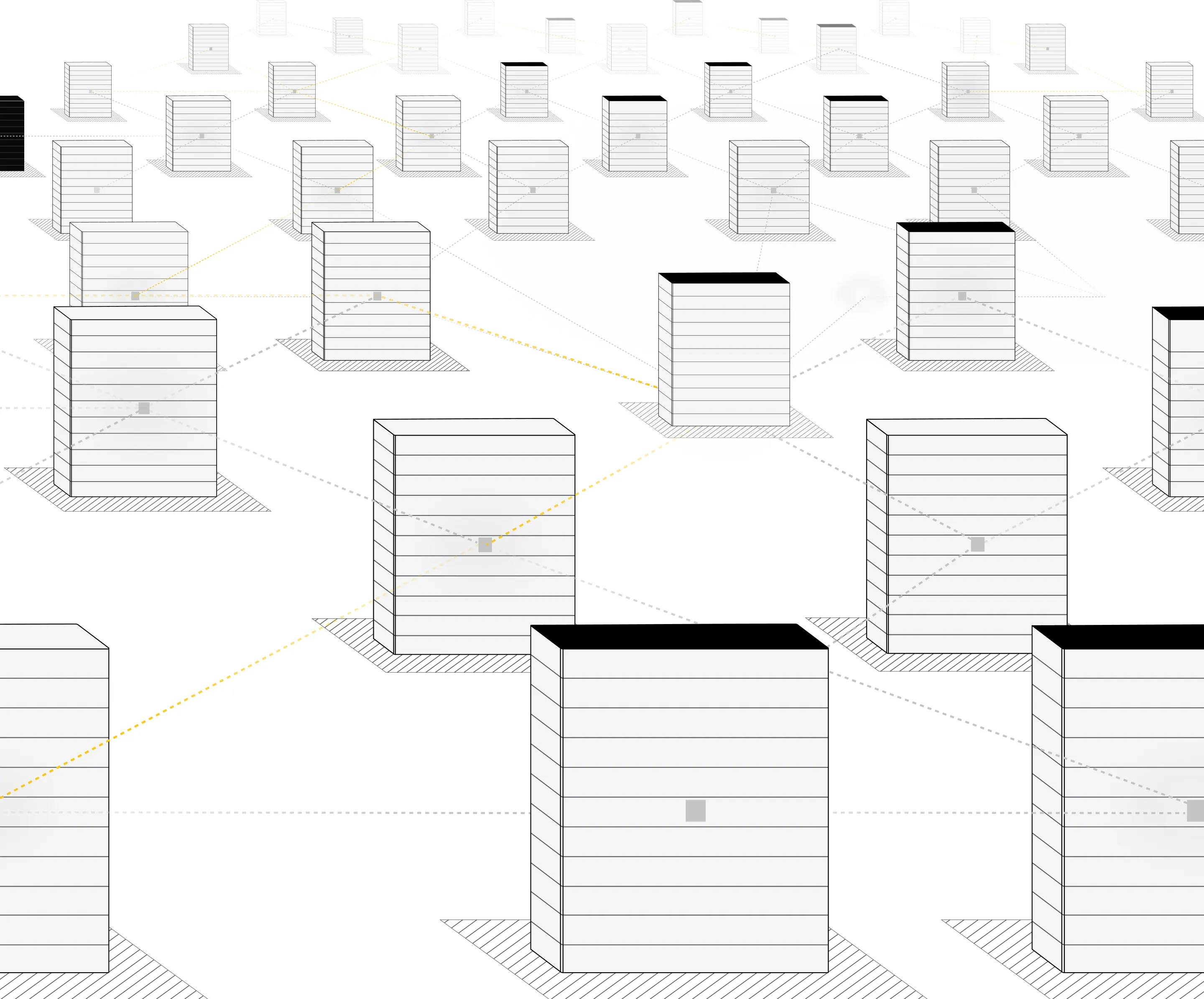 Connected 3D block network showing data or system links with solid and dashed lines.