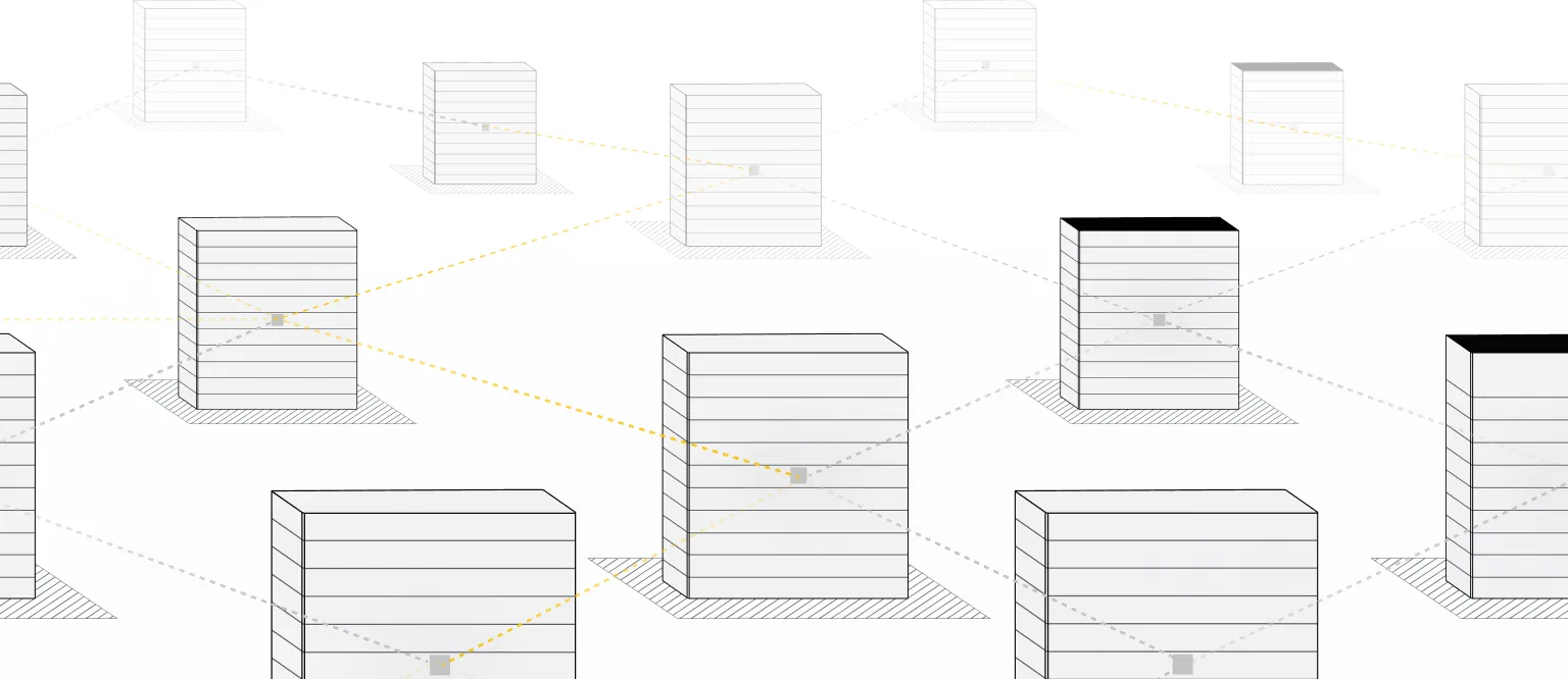 Isometric connected blocks linked by dashed lines in a network pattern on a white background.