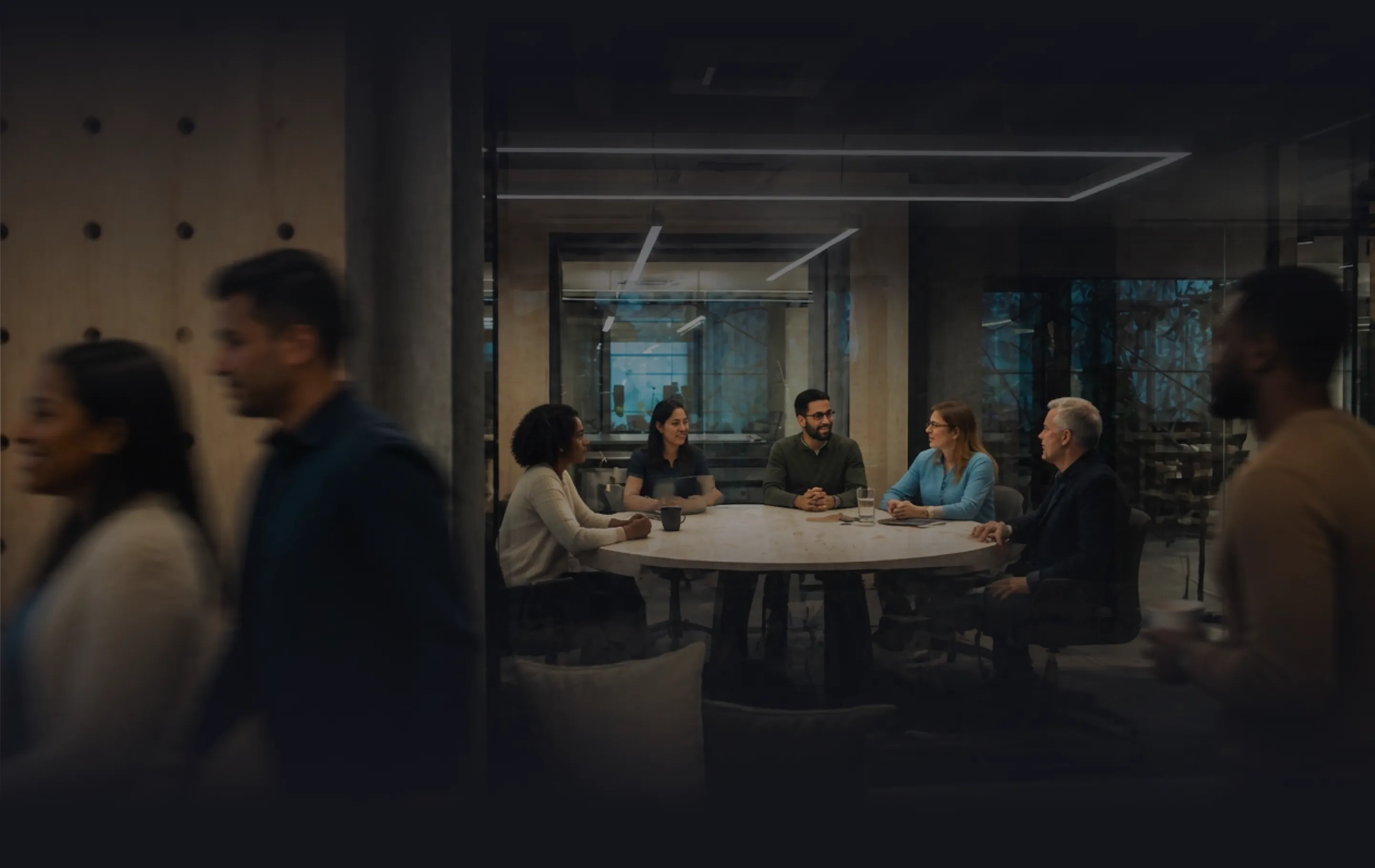 Group of diverse professionals having a meeting around a conference table in a modern office.