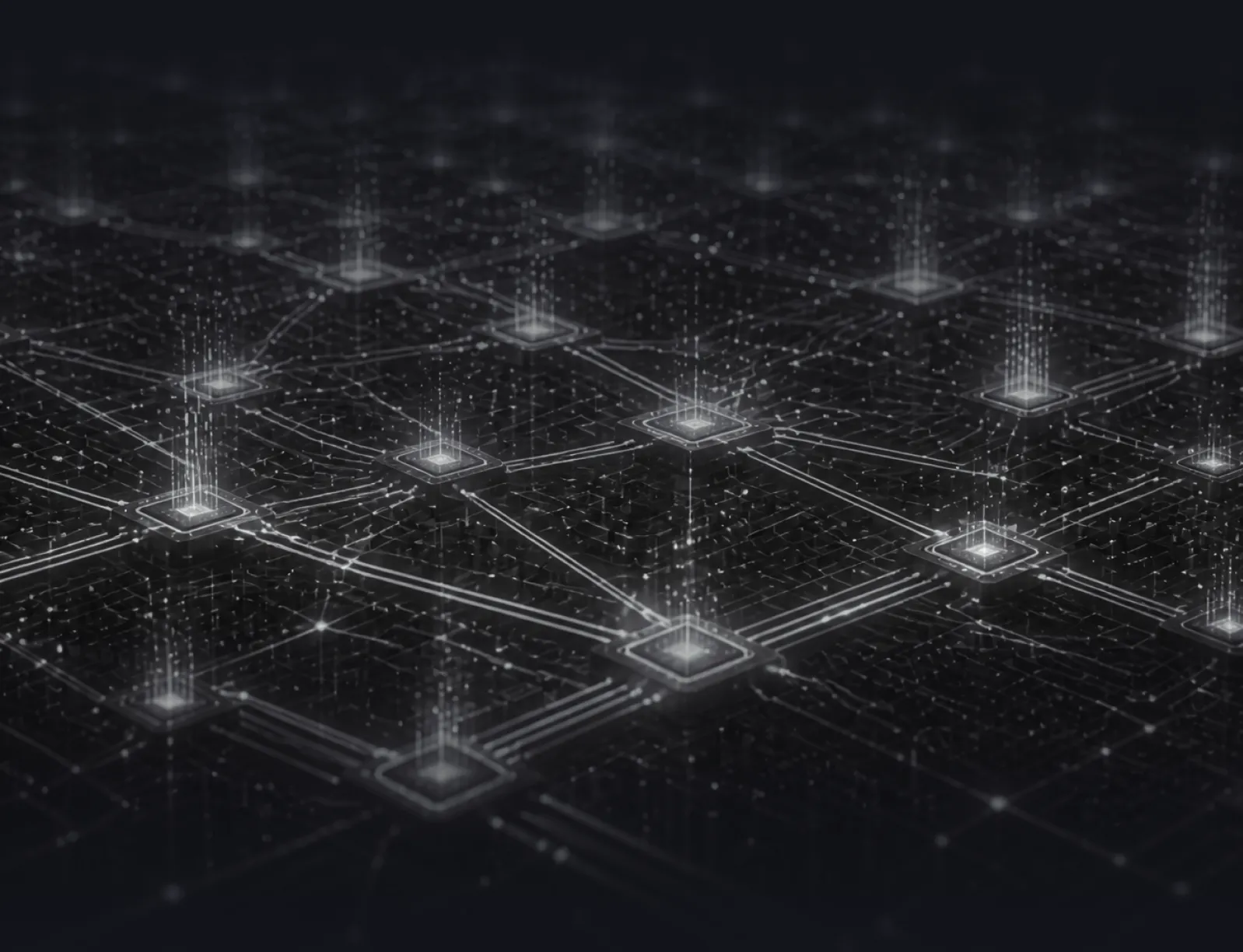 Glowing interconnected nodes on a dark digital circuit board symbolizing data network or blockchain.