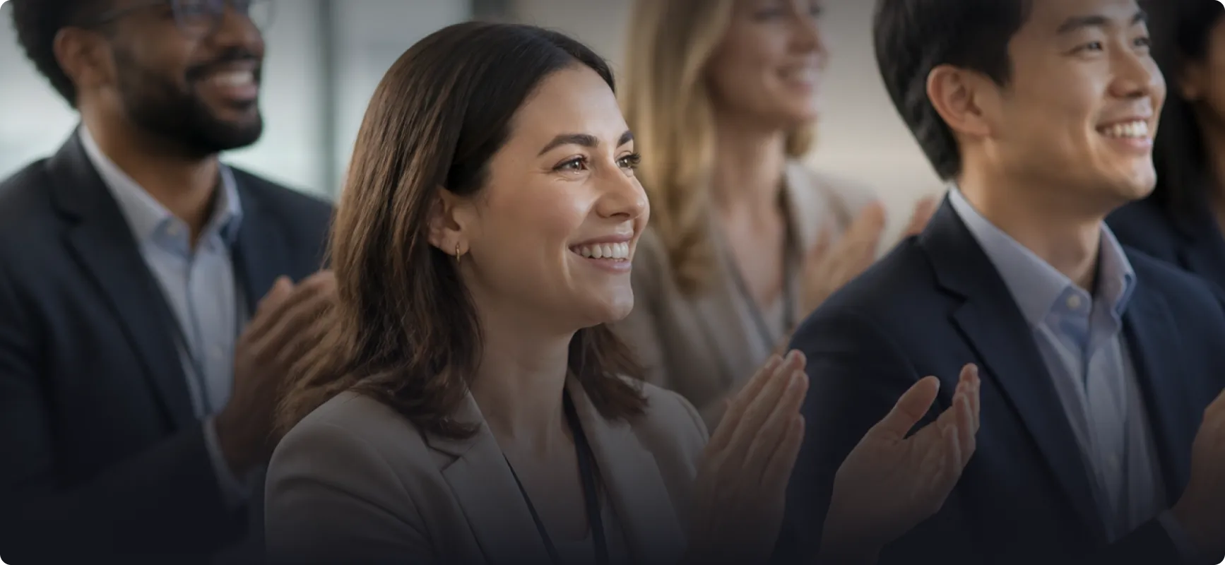 Diverse group of professionals smiling and applauding during a meeting or presentation.