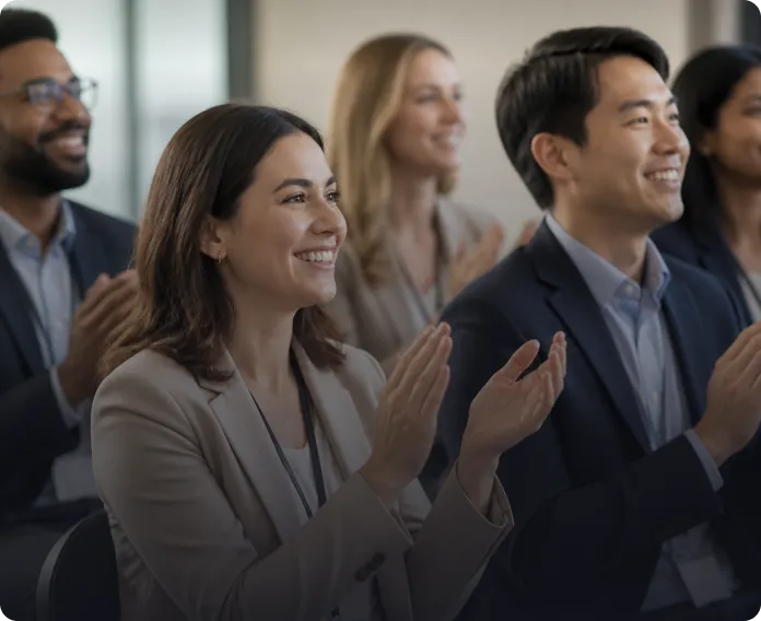 Diverse group of people clapping and smiling in a professional setting.