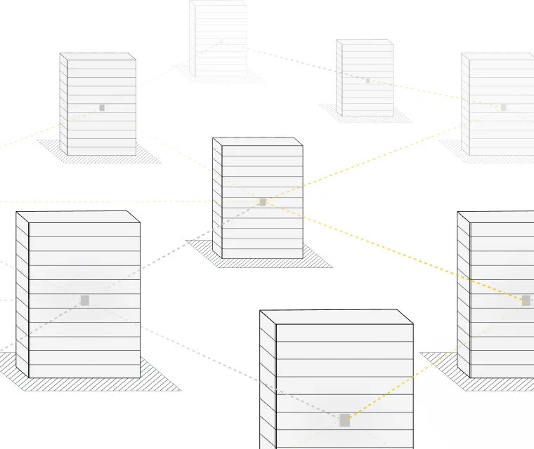 Illustration of interconnected rectangular blocks linked by dotted gray and yellow lines.