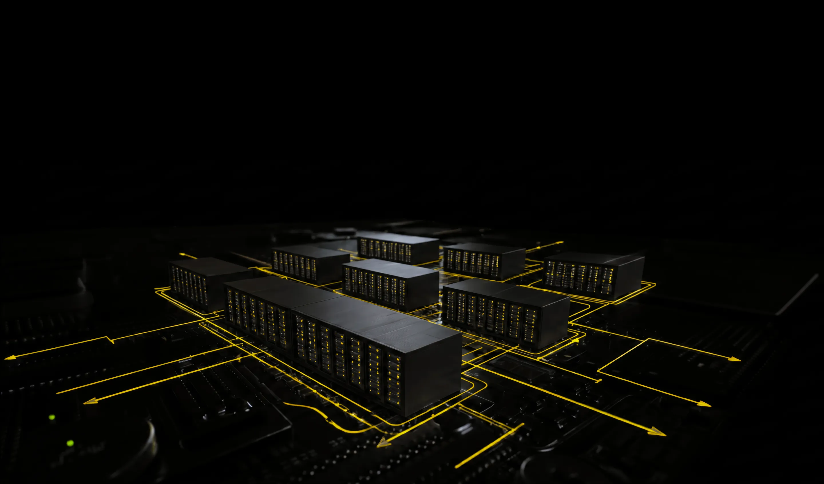 Rows of dark server racks linked by glowing yellow network lines in a data center setting.
