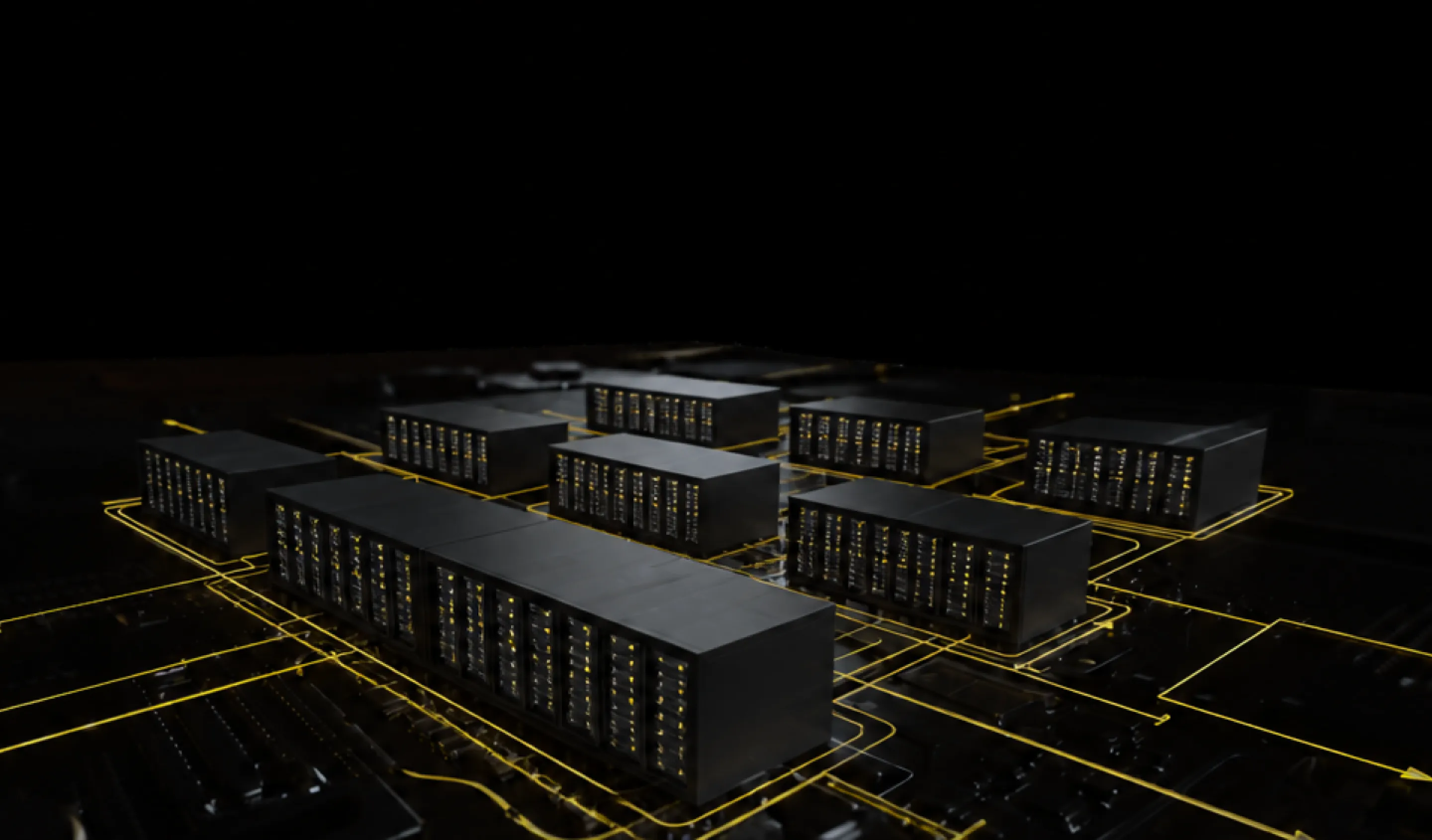 Rows of dark server racks linked by glowing yellow network lines in a data center setting.