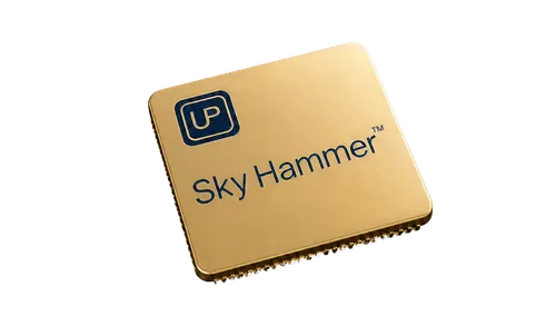 Gold-colored computer chip branded with UP logo and the word SKYHAMMER on black background.