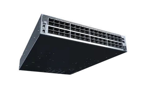 Network switch device with multiple Ethernet ports and a black metal casing.
