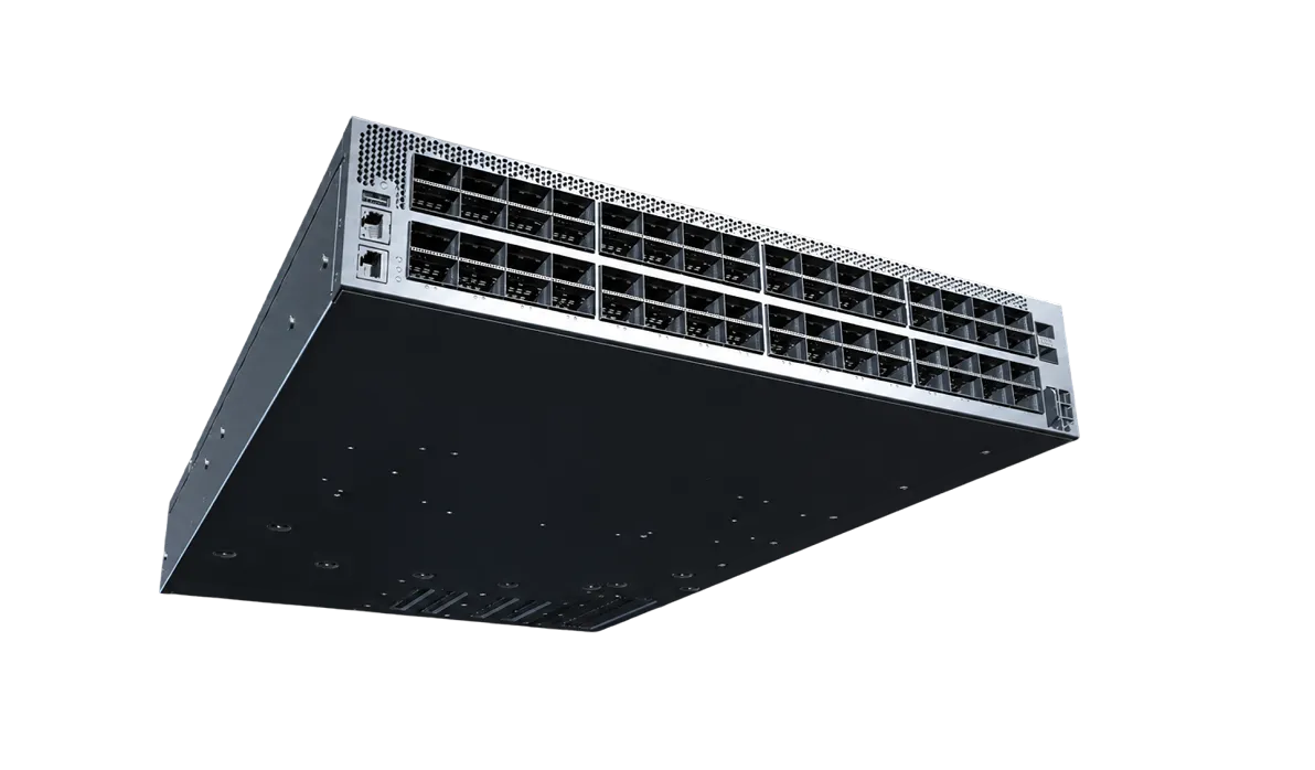 Network switch device with multiple Ethernet ports and a black metal casing.
