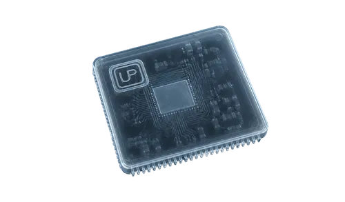 Transparent microchip with visible circuit board and text SkyHammer on black background.