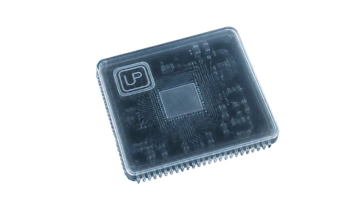Transparent microchip with visible circuit board and text SkyHammer on black background.