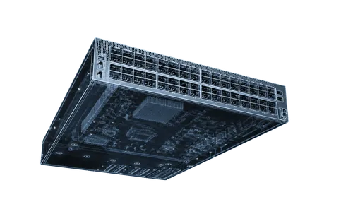 X-ray style image of a network switch showing ports and internal circuitry.