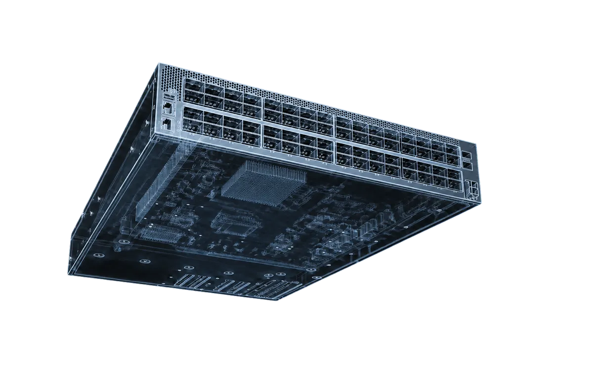 X-ray style image of a network switch showing ports and internal circuitry.