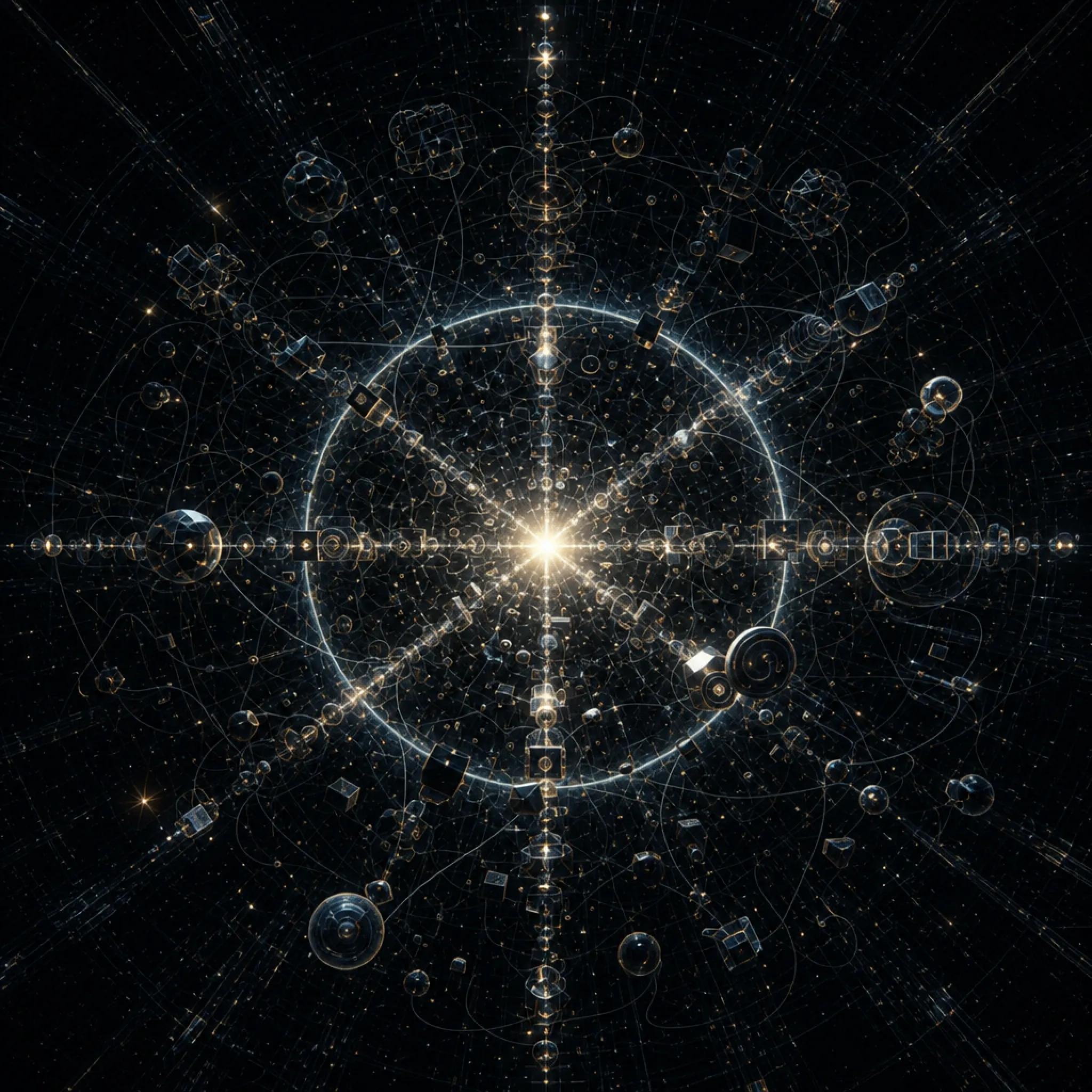 Radiant central light surrounded by a spherical network of glowing lines and geometric particles in space.