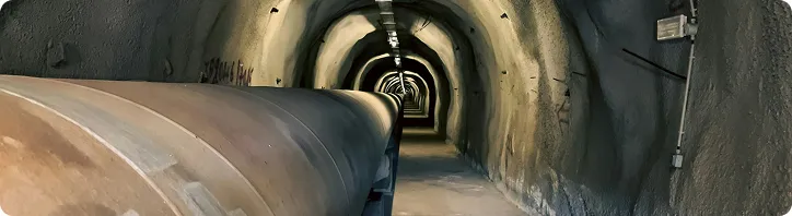 Blick in einen langen Tunnel mit einer Pipeline an der linken Wand.