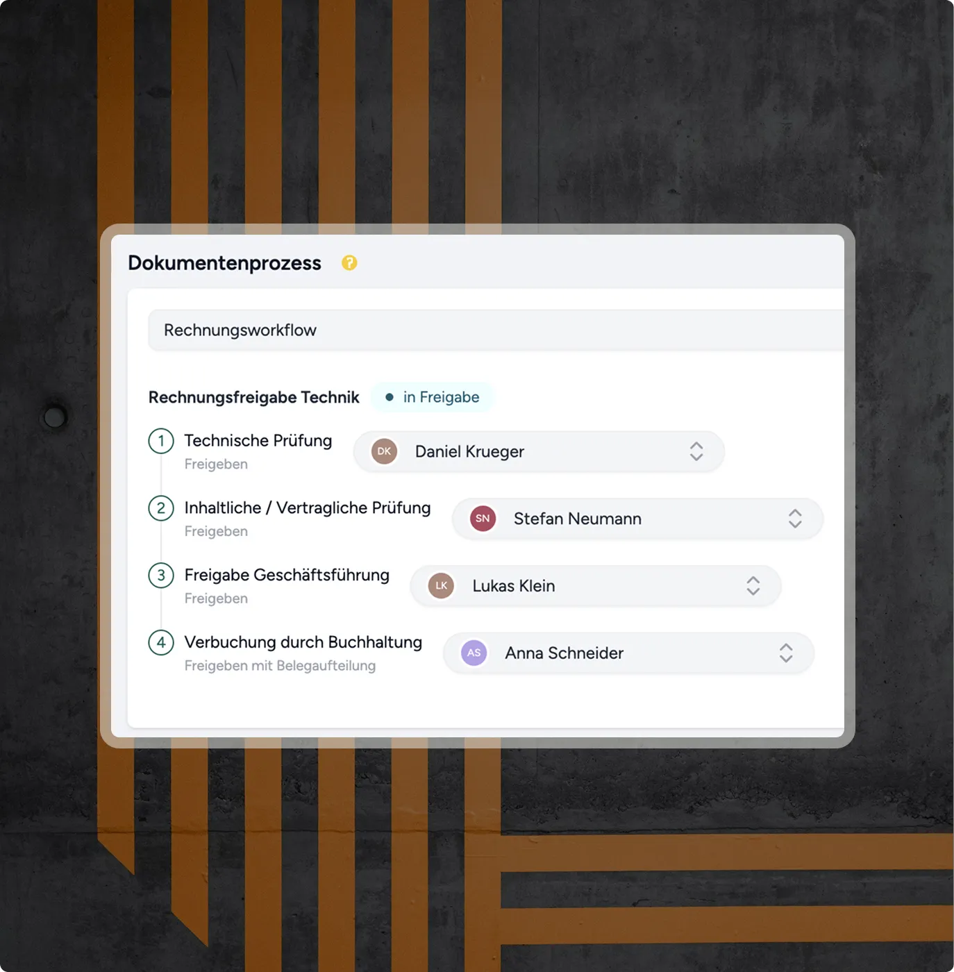 Bildschirm mit Dokumentenprozess für Rechnungsworkflow mit vier Prüf- und Freigabeschritten und zugewiesenen Personen.