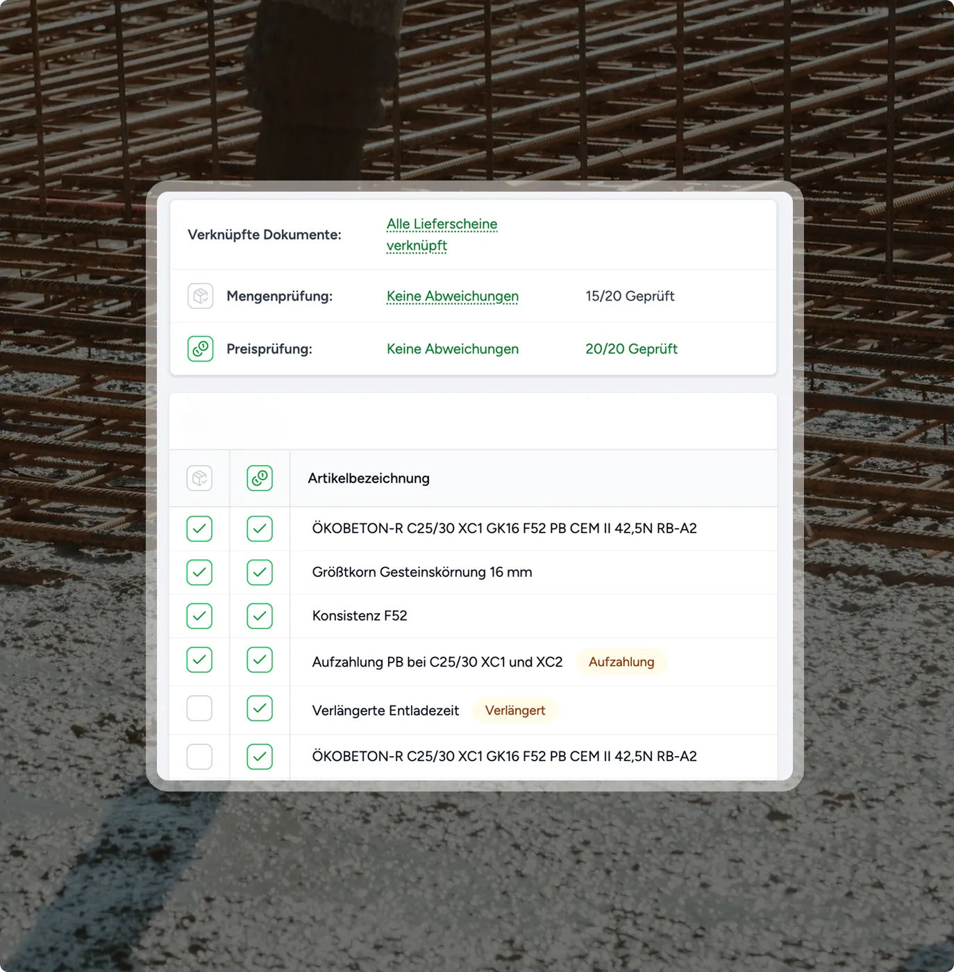 App-Oberfläche zeigt Materialrechnungen mit Prüfstatus für Mengen- und Preisprüfung, Artikeldetails und Abweichungen.