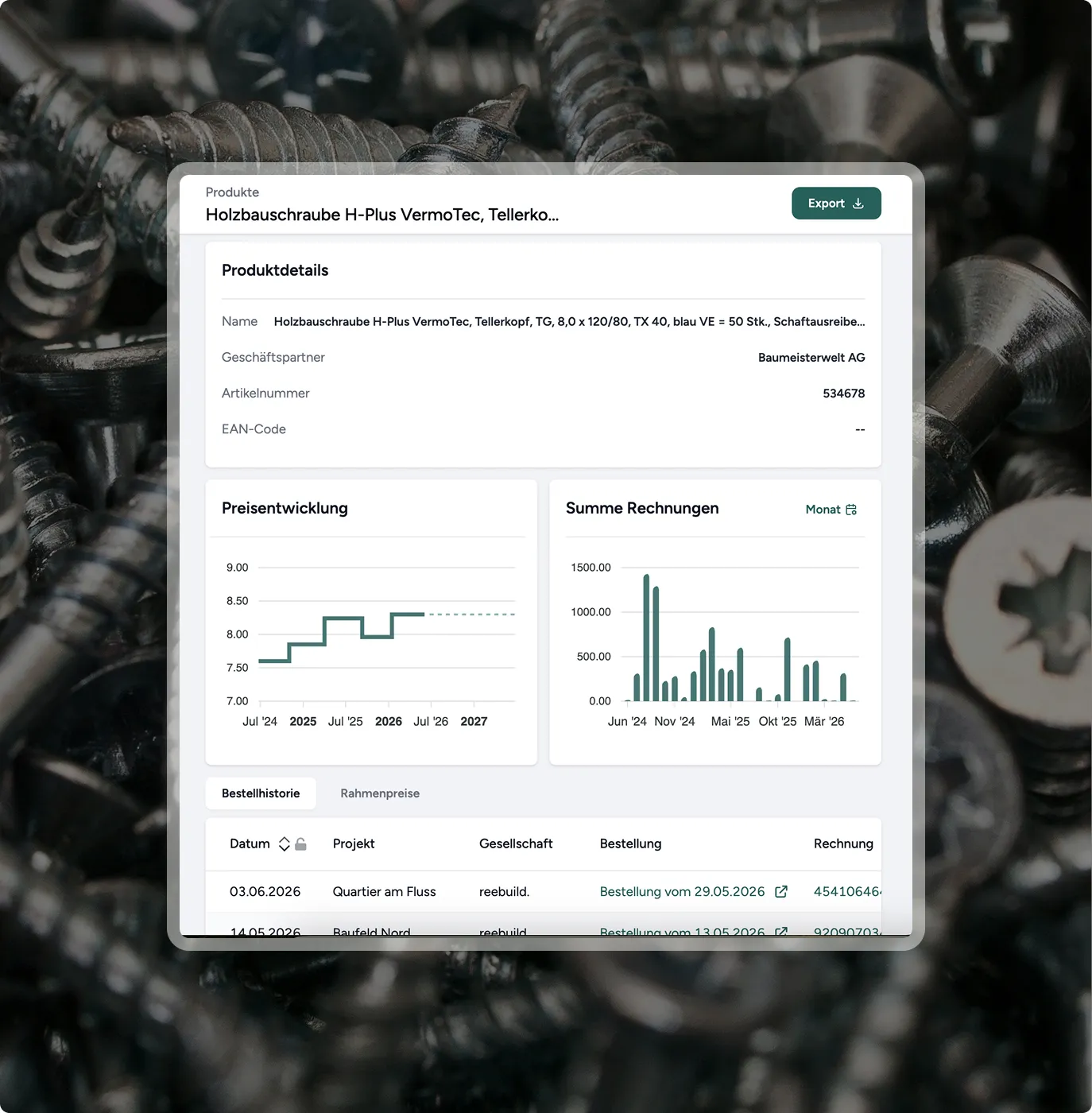 Dashboard zeigt Produktdetails, Preisentwicklung, Rechnungsumme und Bestellhistorie für Holzbauschraube.