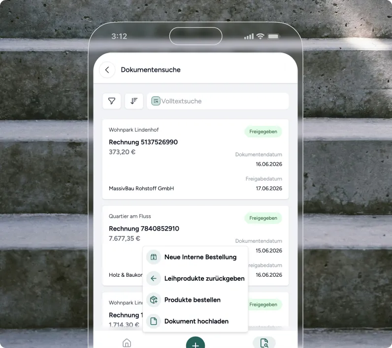 Smartphone zeigt Dokumentensuche mit Rechnungen und Optionen wie neue Bestellung, Produkte bestellen, Dokument hochladen.