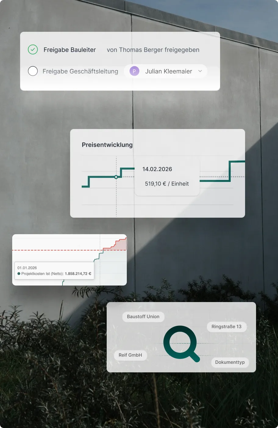 Anzeige mit Bauleiterfreigabe, Preisentwicklungsgrafik, Projektkosten und Suchsymbol mit Firmenangaben.