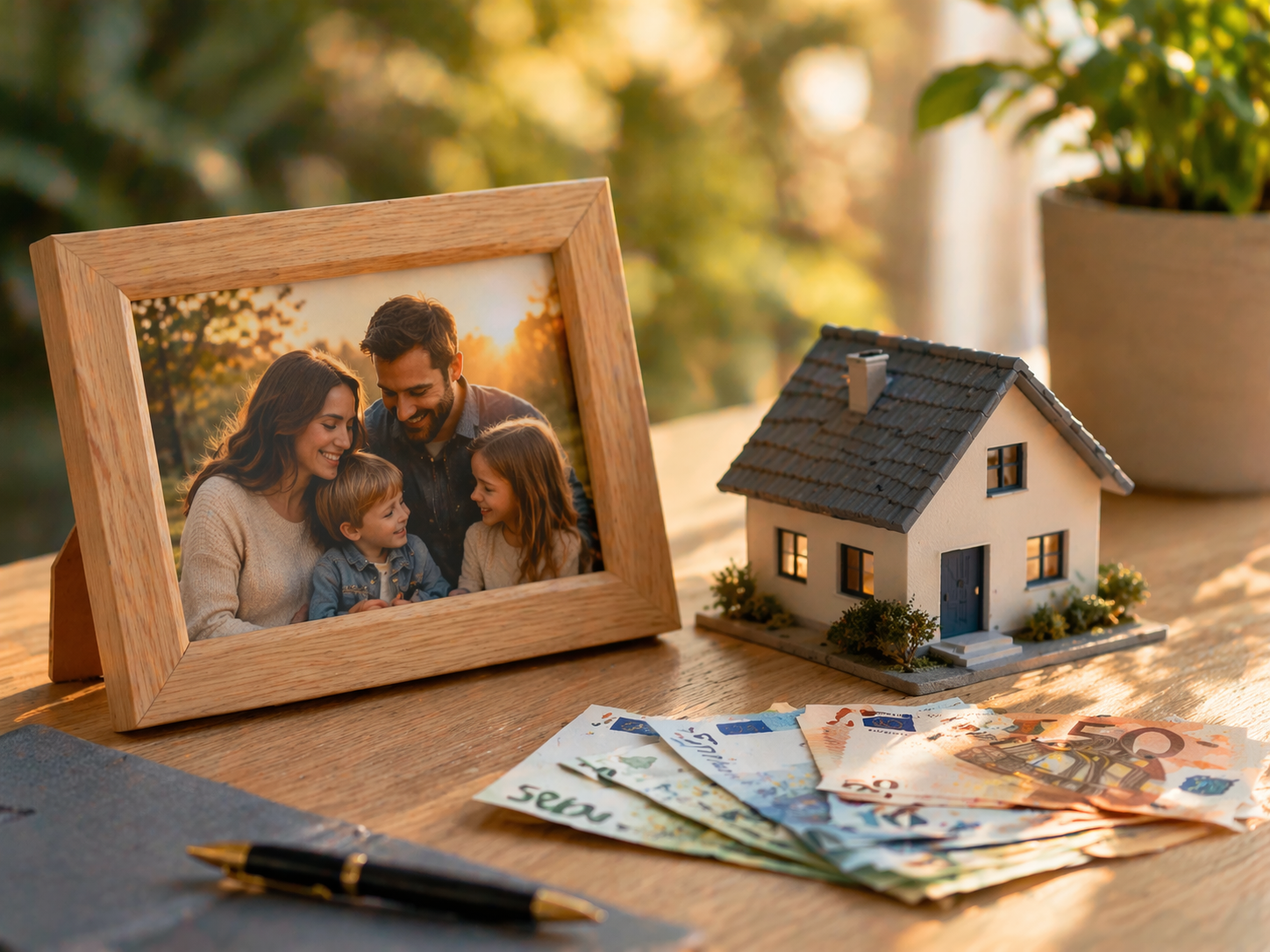 Cadre photo de famille à côté d'une maison miniature et de billets