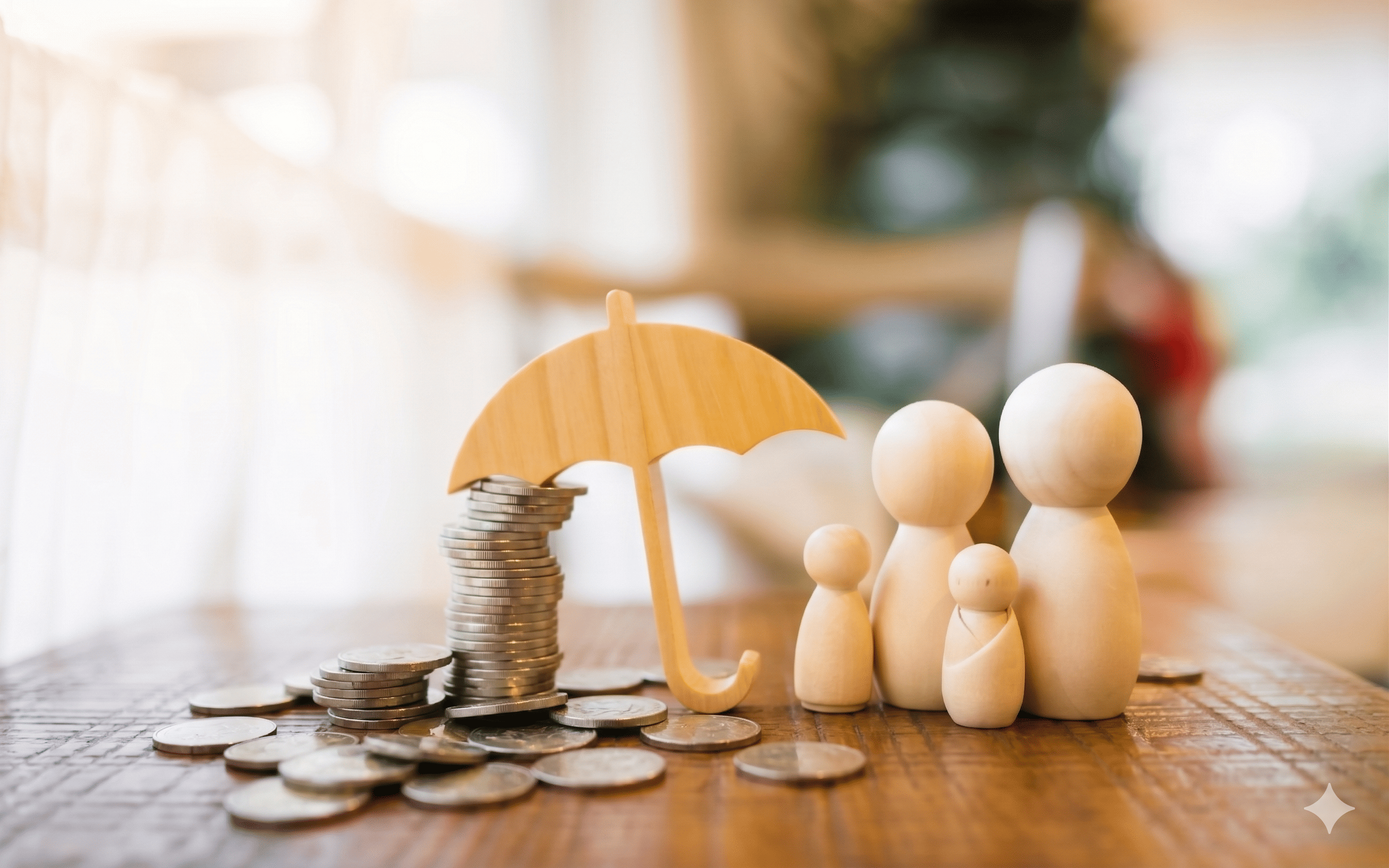 Figurines représentant une famille abritées sous un parasol à côté de piles de pièces