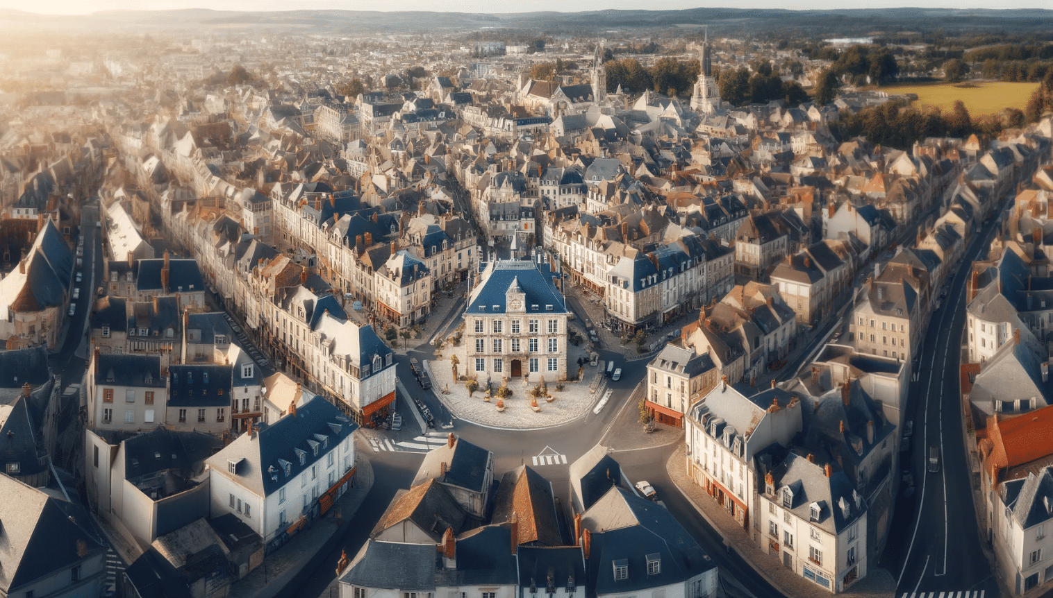Vue aérienne des toits d'une ville de taille moyenne
