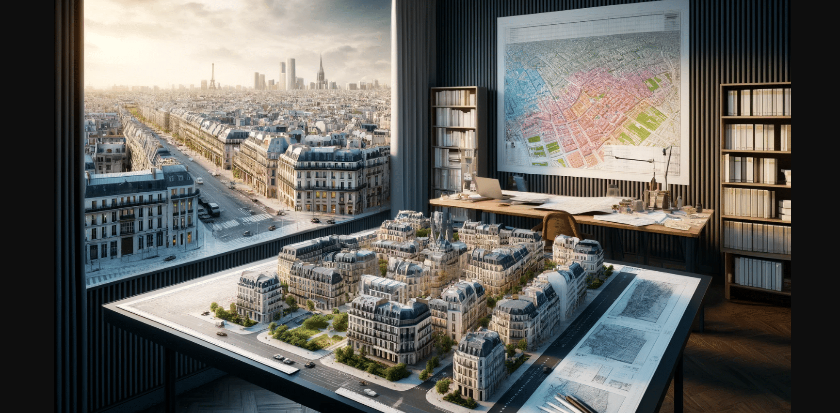 Maquette d'un quartier posée sur une table dans un bureau d'urbanisme