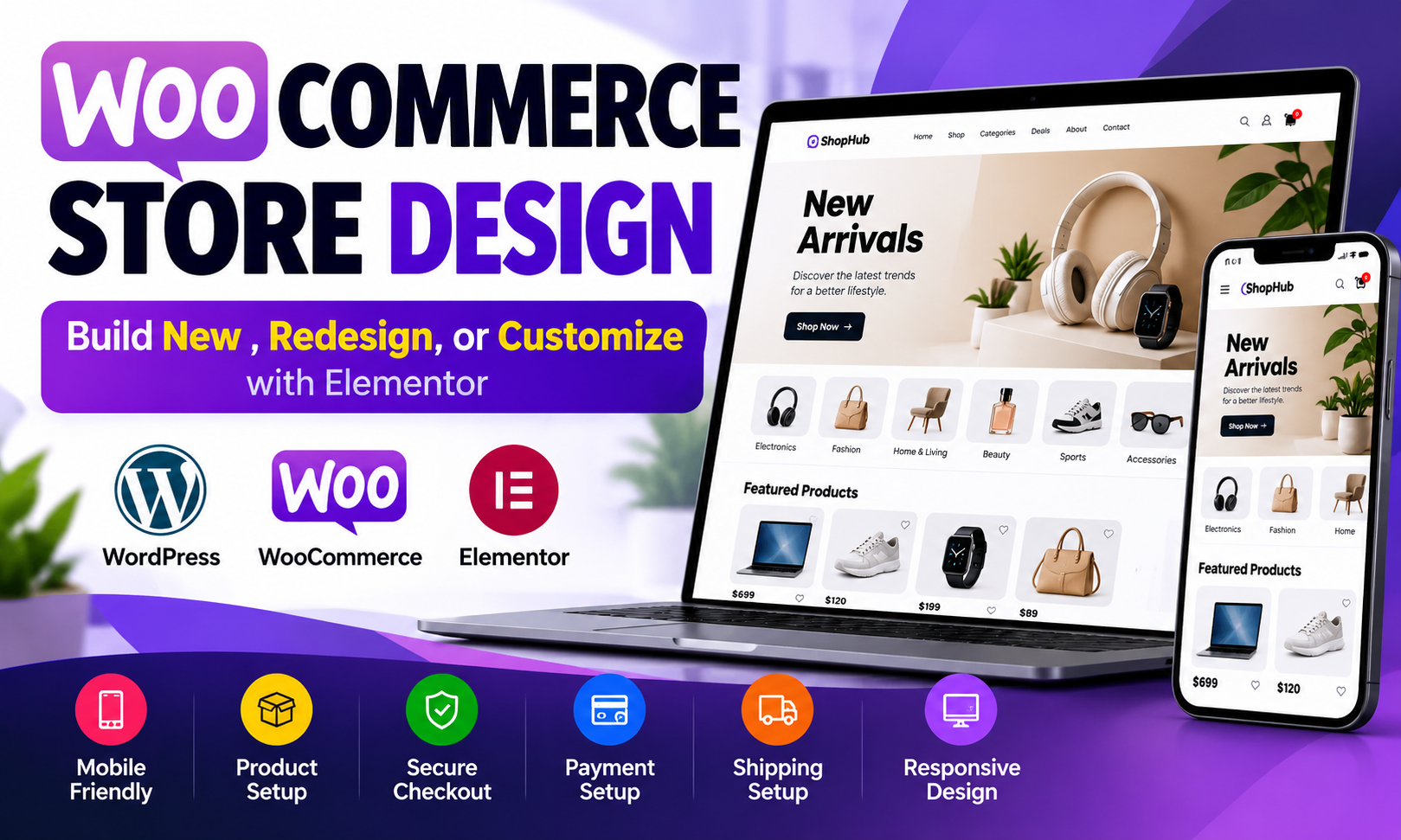 I will build, redesign, or customize WooCommerce stores with Elementor for $80
