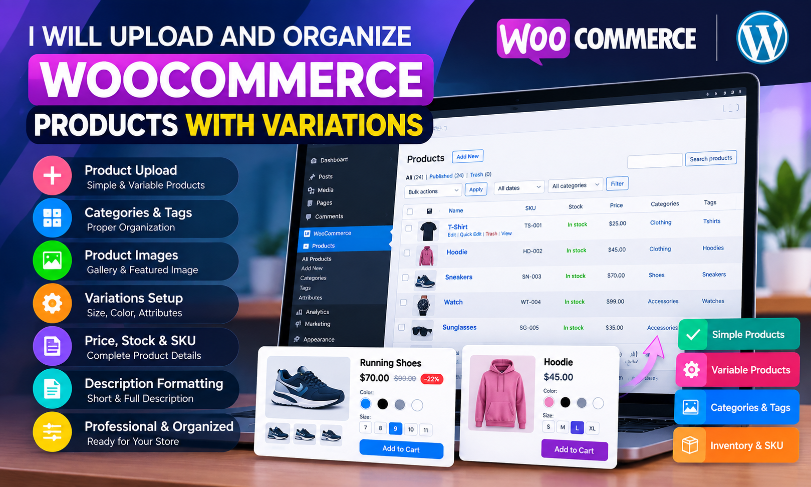 I will upload and organize WooCommerce products with variations for $20