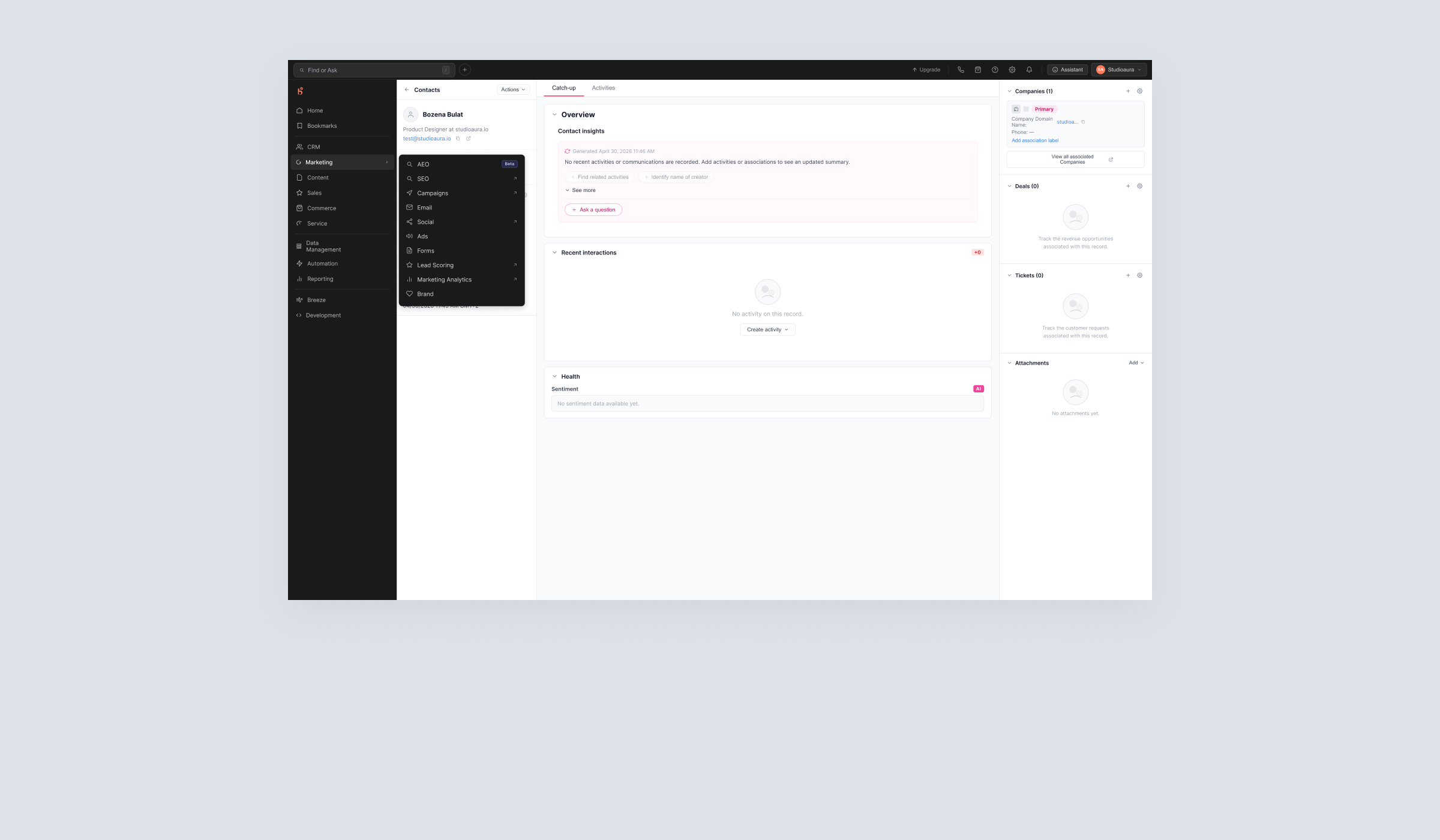 HubSpot speculative redesign: a contextual Hub submenu opening over a Contact record instead of teleporting the user away