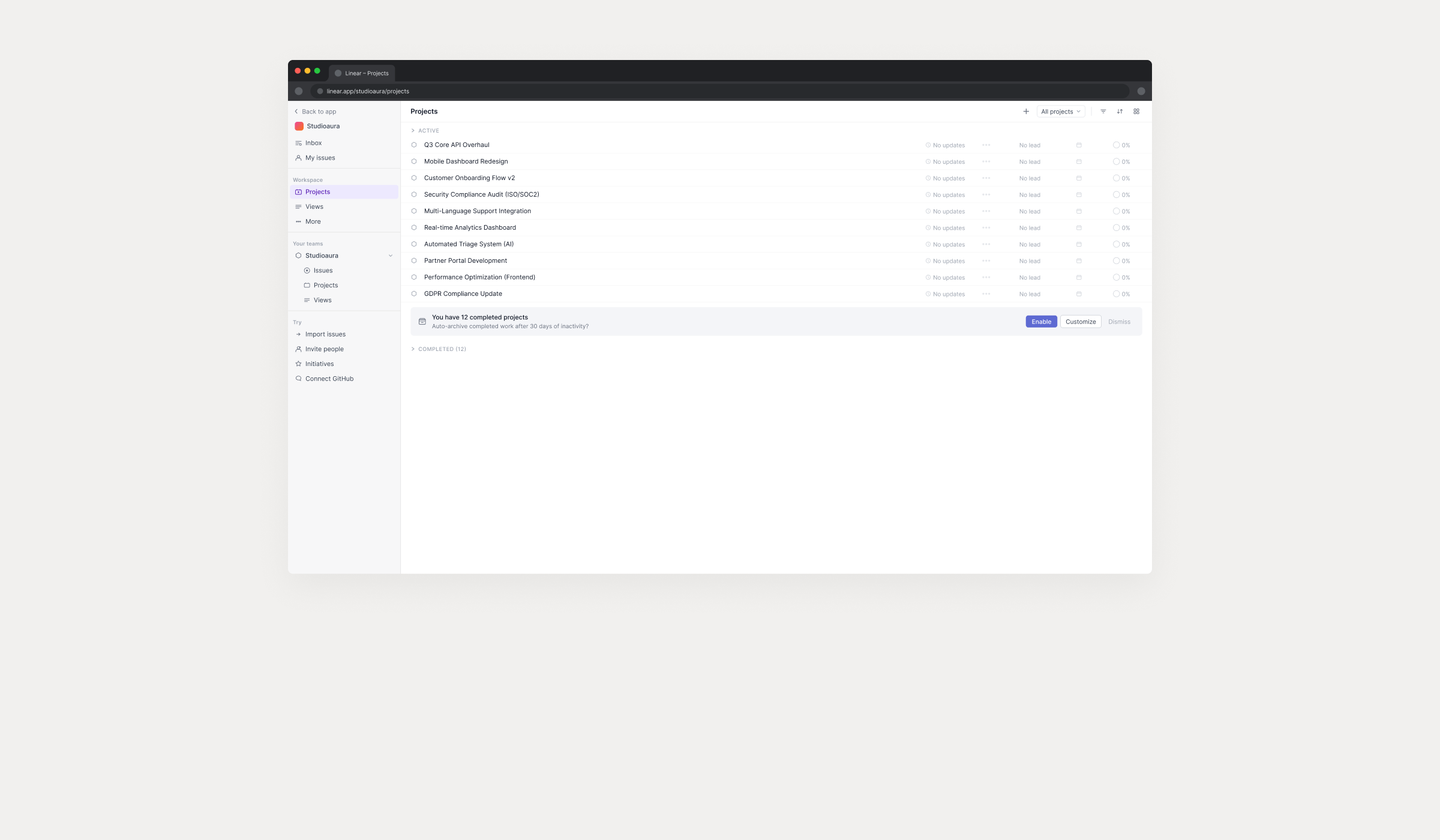 Linear speculative redesign: project list with active projects visible by default and completed projects collapsed