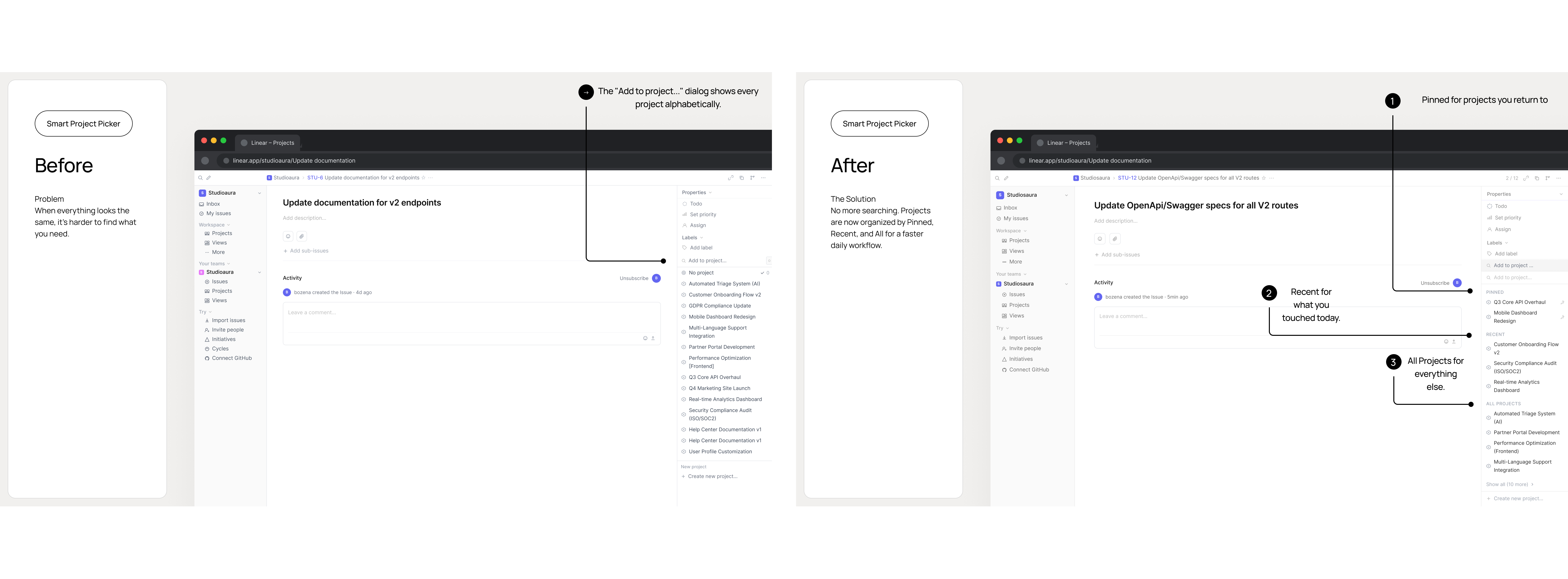 Smart Project Picker: the 'Move to project' dialog with pinned projects on top, recent projects below and search-first access to everything else