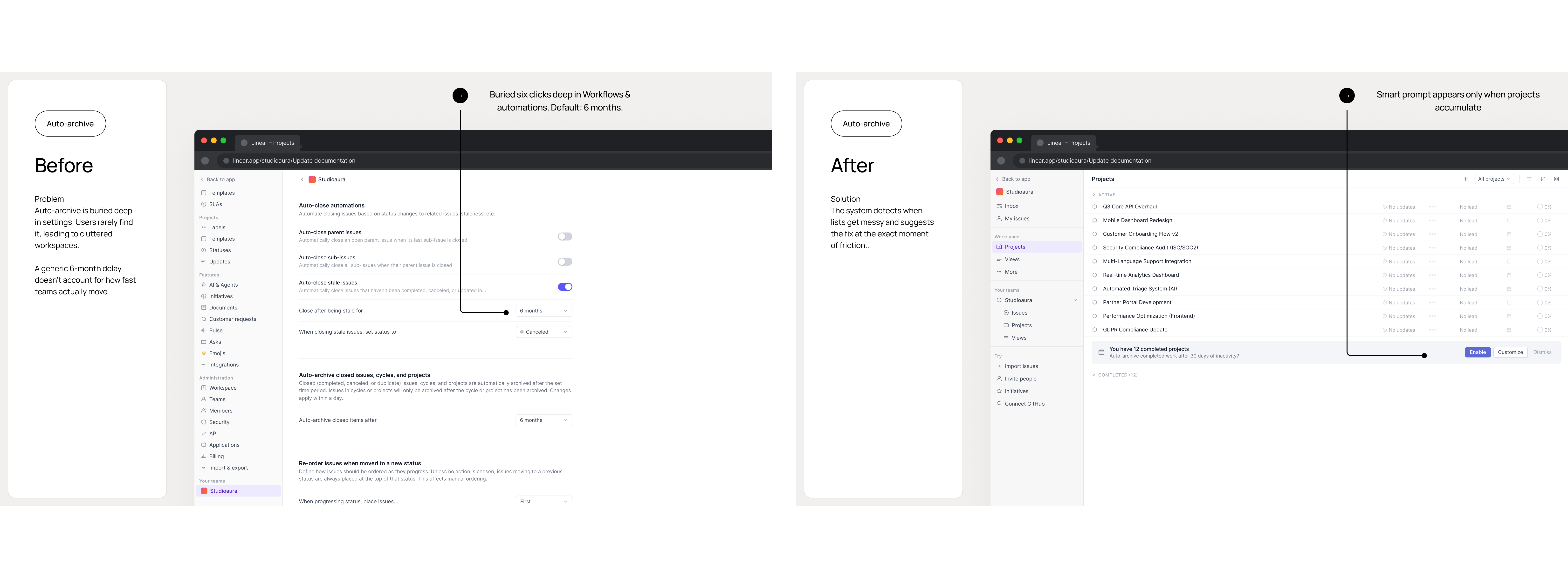 Discoverable Auto-Archive: default-on archiving at 30 days, with a proactive prompt once a team accumulates ten completed projects