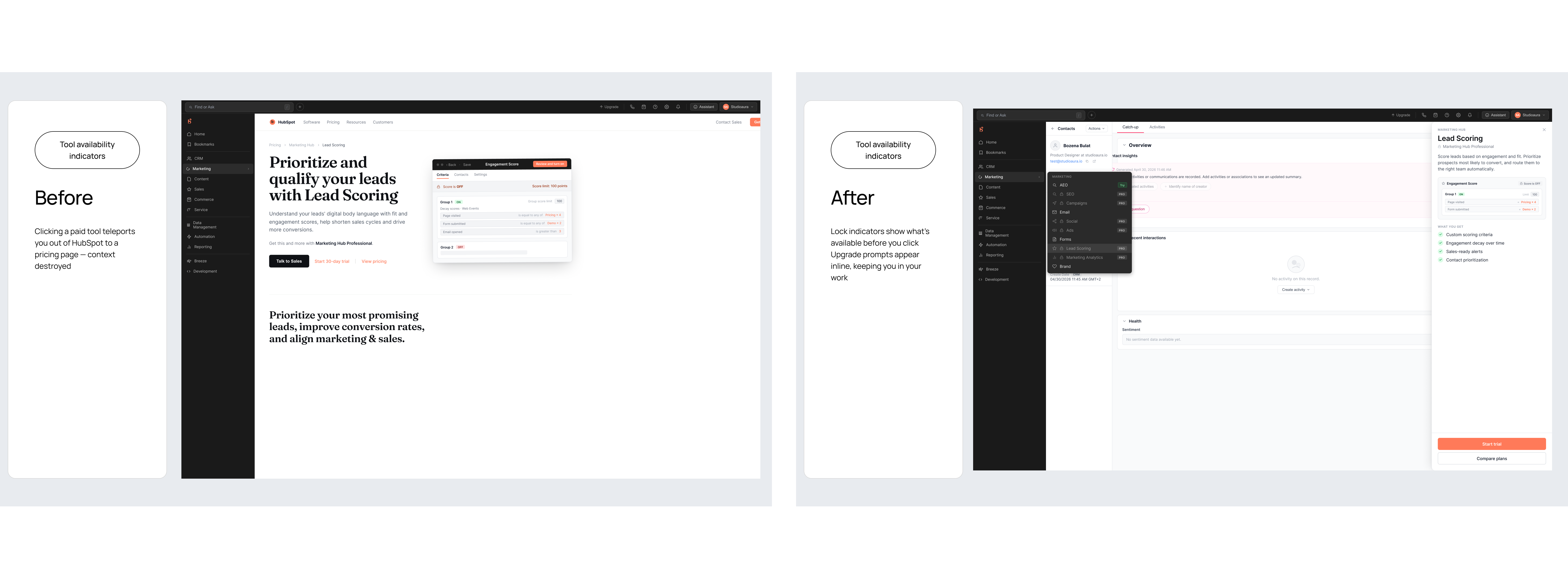 Tool Availability Indicators: sidebar tools marked as owned, trial or upgrade-required, with an inline upgrade panel that keeps the workflow visible