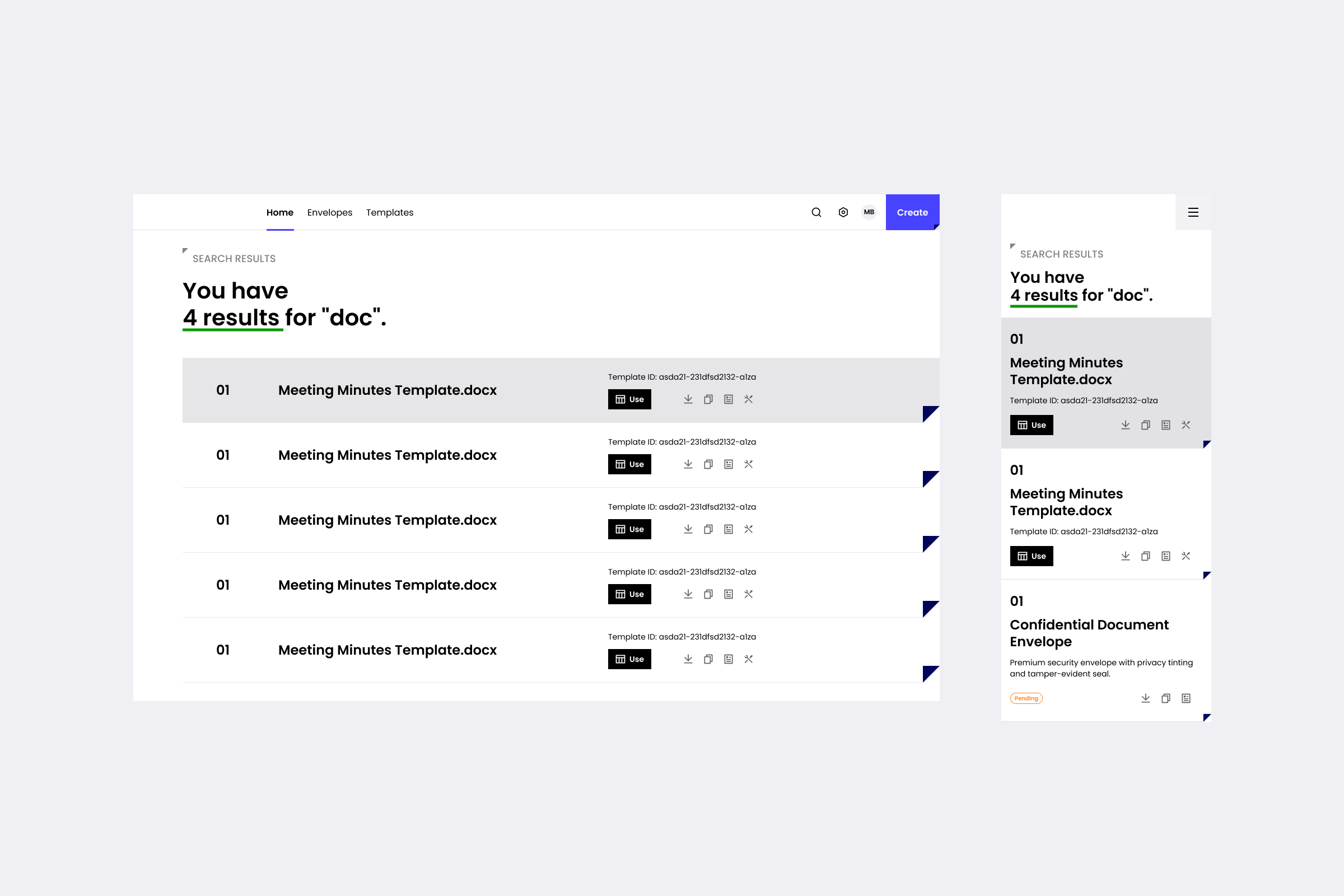 Search overlay, state 3 of 3: grouped results ready to open, built from the same tokens and components as the rest of the platform
