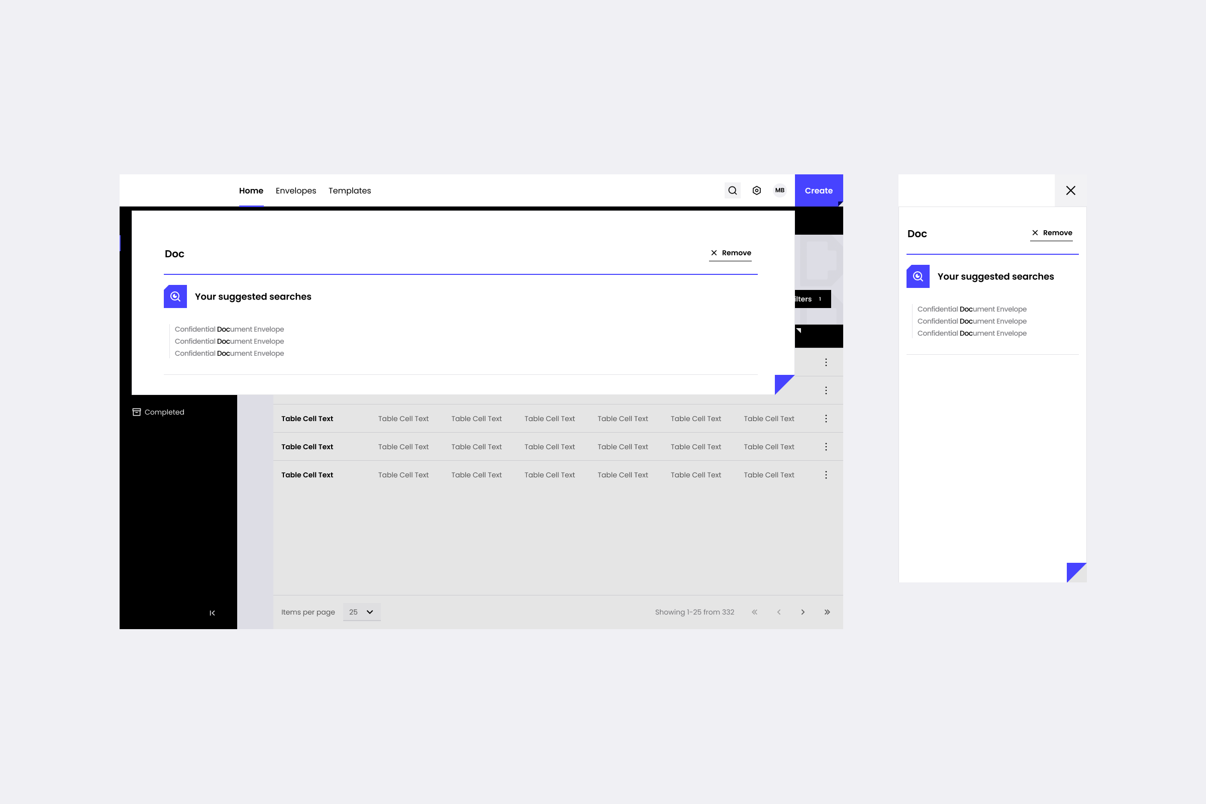 Search overlay, state 2 of 3: results appearing as the user types in a high-volume document environment