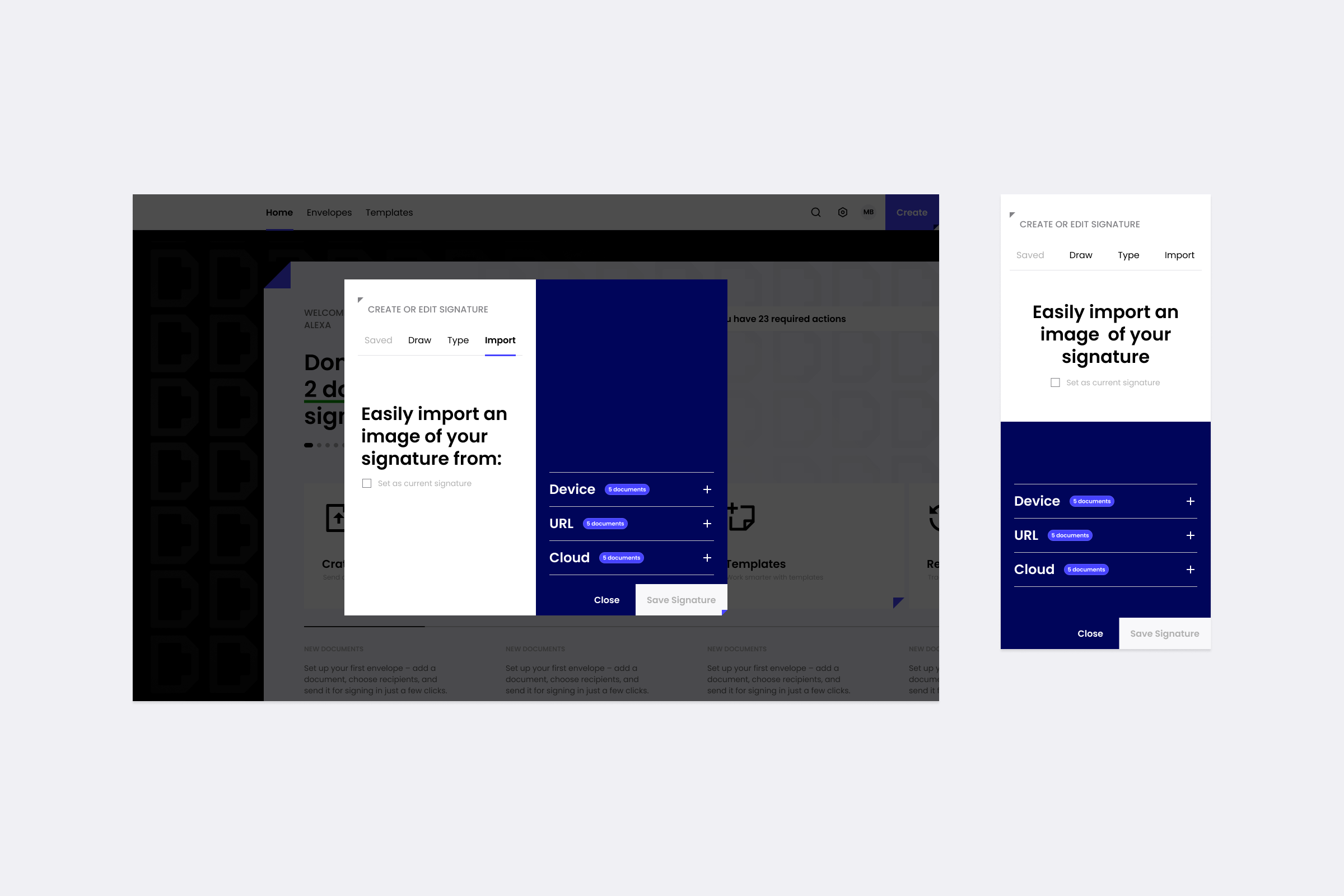 Signature creation: the import path expanding inline — device, URL or cloud storage — instead of branching into a separate screen