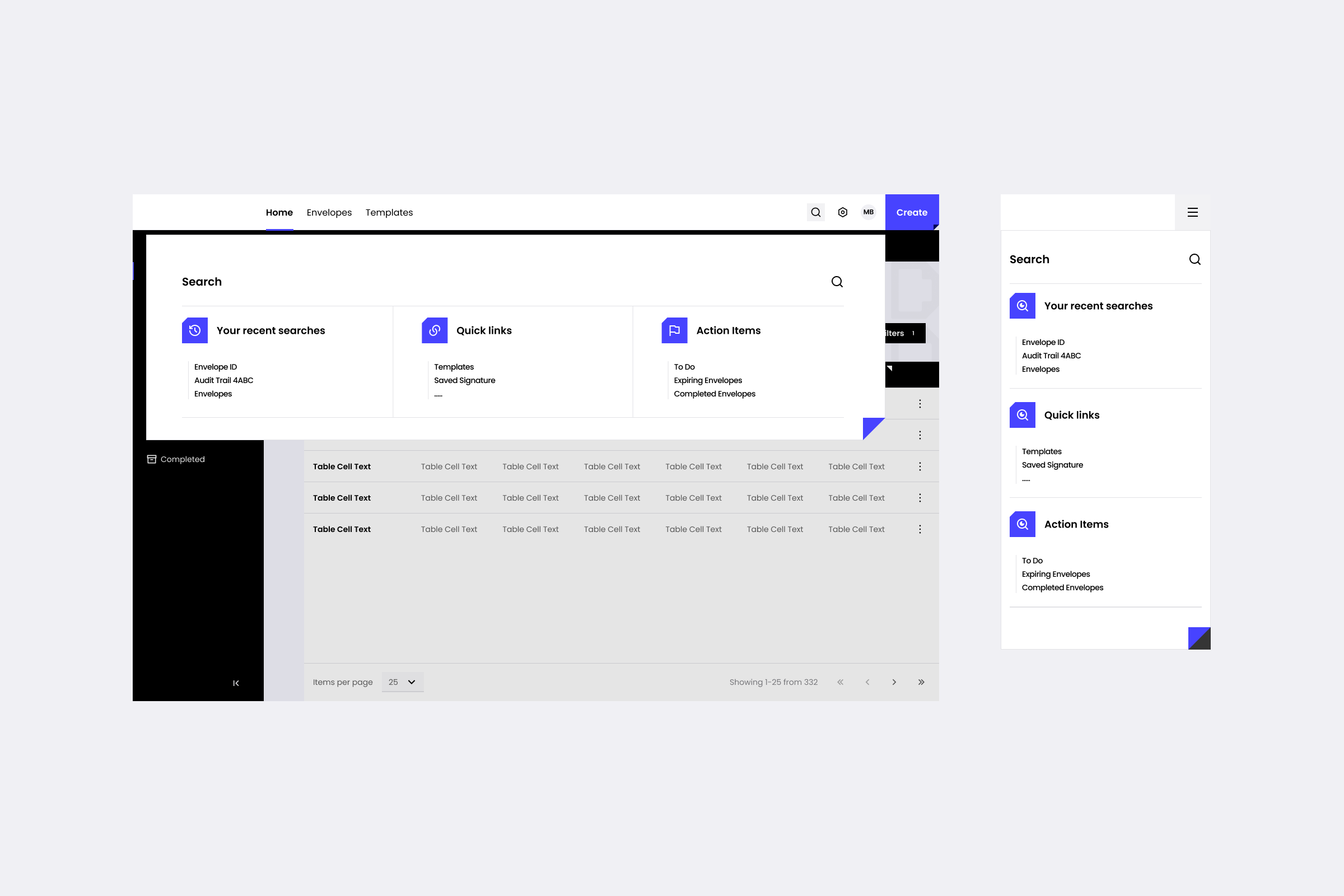 Search overlay, state 1 of 3: opens with recent searches, quick links and action items visible before the user types