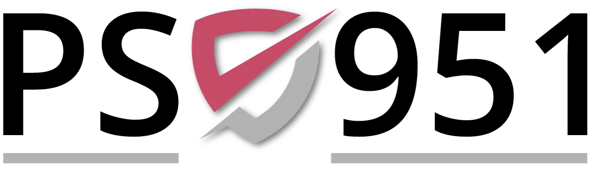 PS951 text with a shield-shaped logo combining a red lightning bolt and a gray check mark.