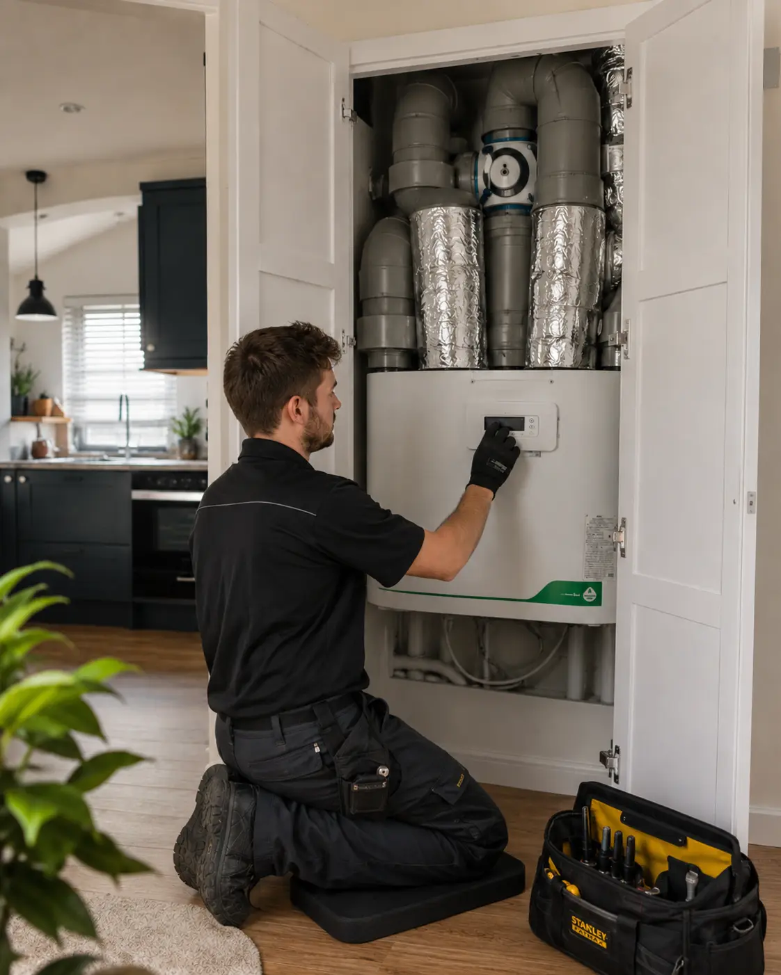 Engineer commissioning a mechanical ventilation with heat recovery (MVHR) system in a modern residential property.
