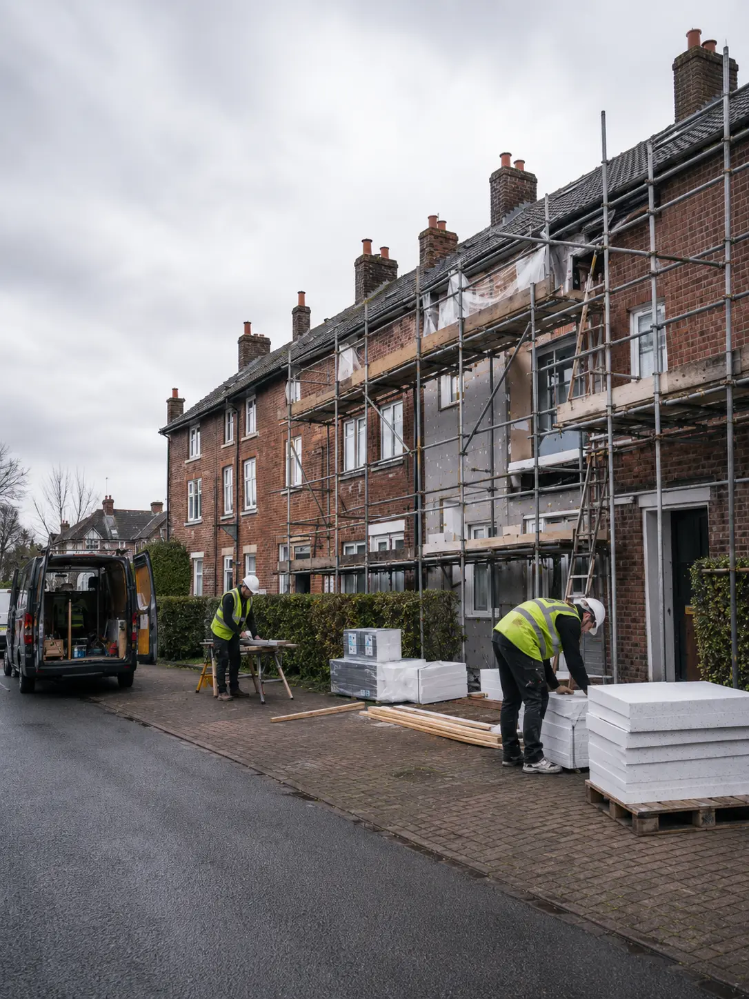 Residential retrofit works in progress, including external wall insulation and energy efficiency upgrades.