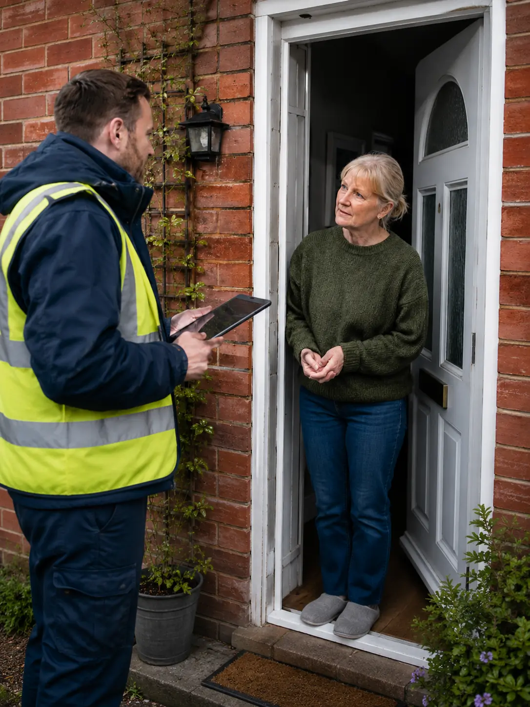Retrofit surveyor discussing planned home energy improvements with a resident before retrofit works begin.