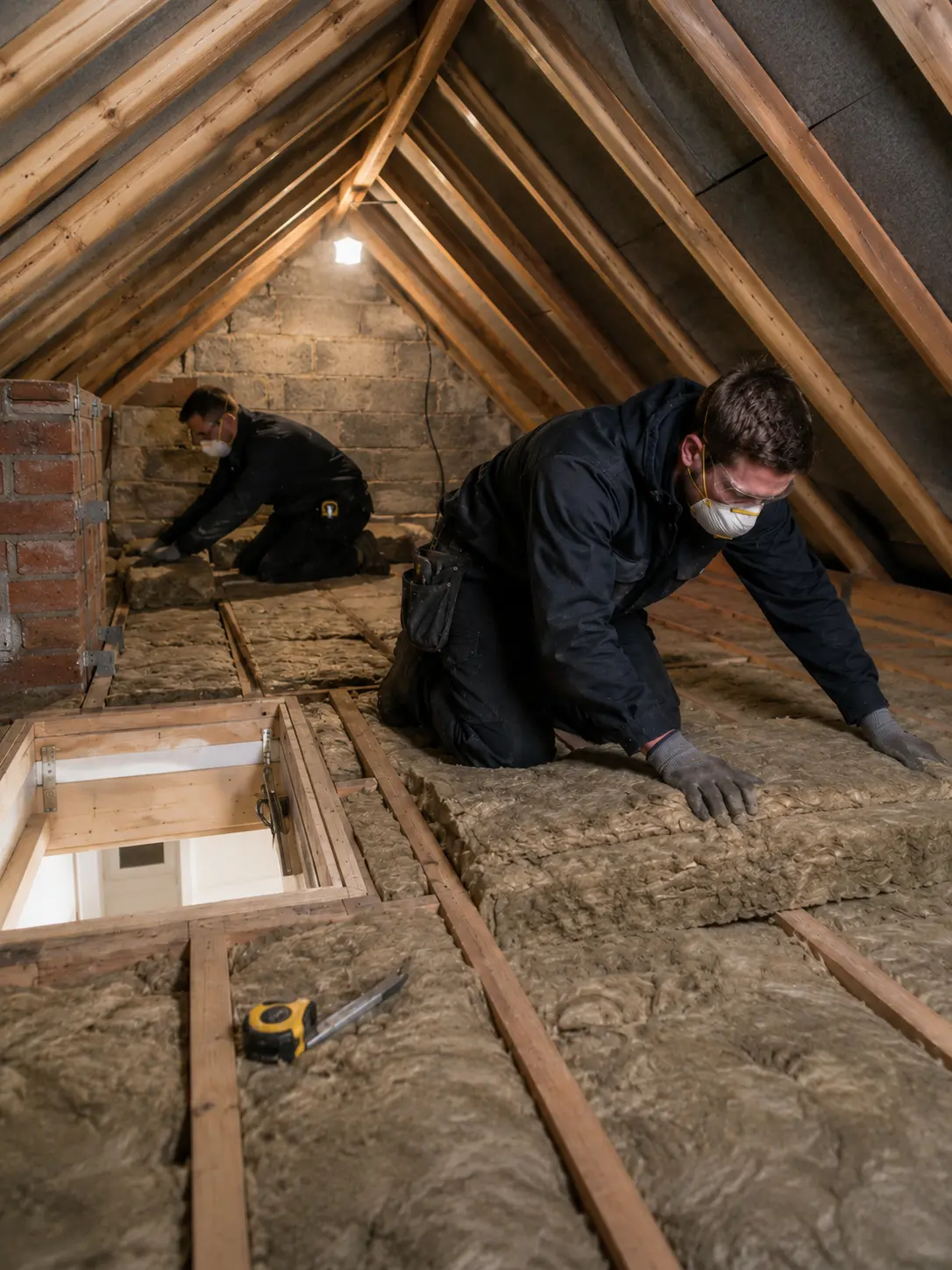 Installers fitting loft insulation to improve energy efficiency and thermal performance in a residential property.