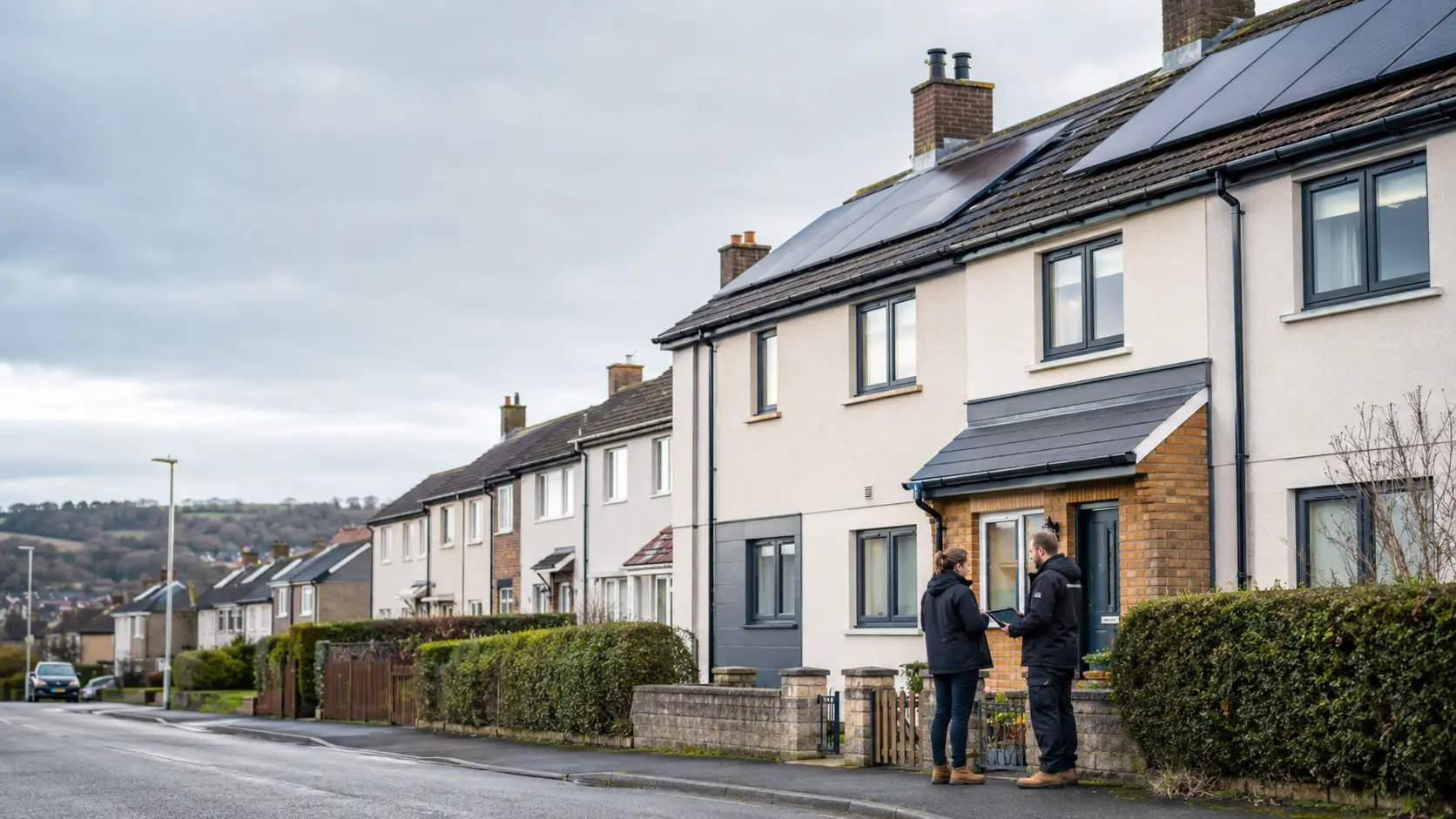 Retrofit advisors meeting residents outside energy-efficient homes featuring rooftop solar PV installations.