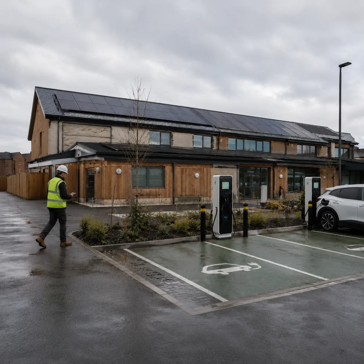 Integrated energy infrastructure including EV charging points and solar PV installations at a residential site.