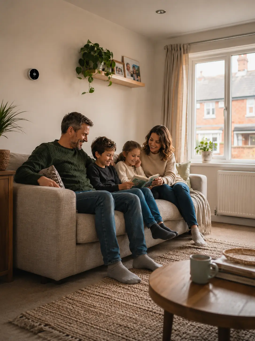 Family enjoying a comfortable, energy-efficient home supported by decarbonisation and building improvement measures.