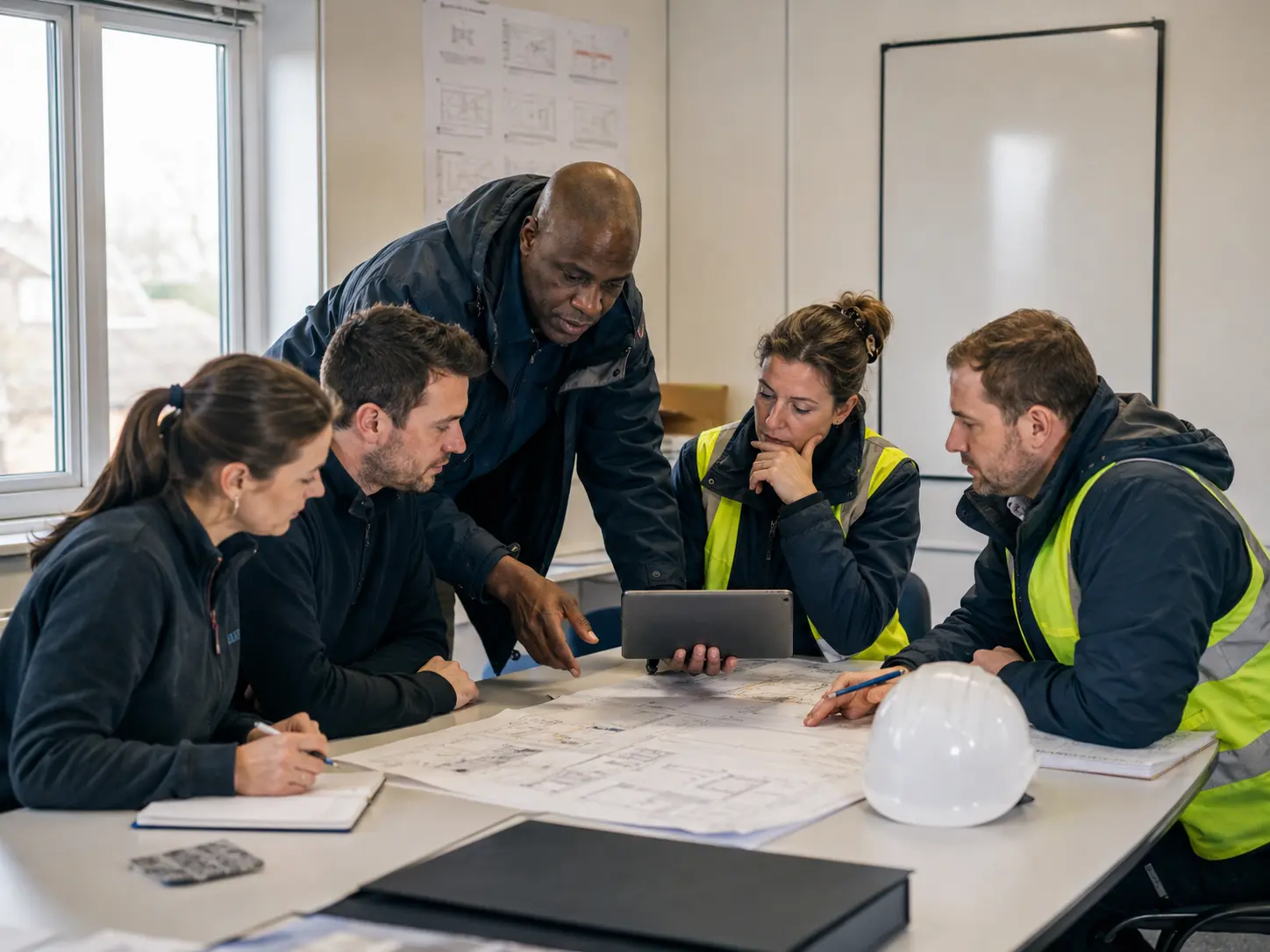 Energy and retrofit specialists discussing carbon reduction strategy and compliance requirements.