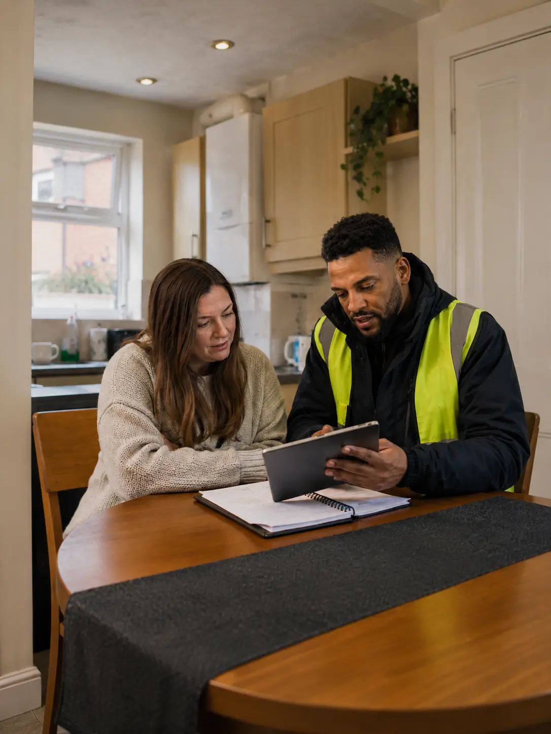 Residents discussing energy improvement proposals and project updates with a retrofit advisor.