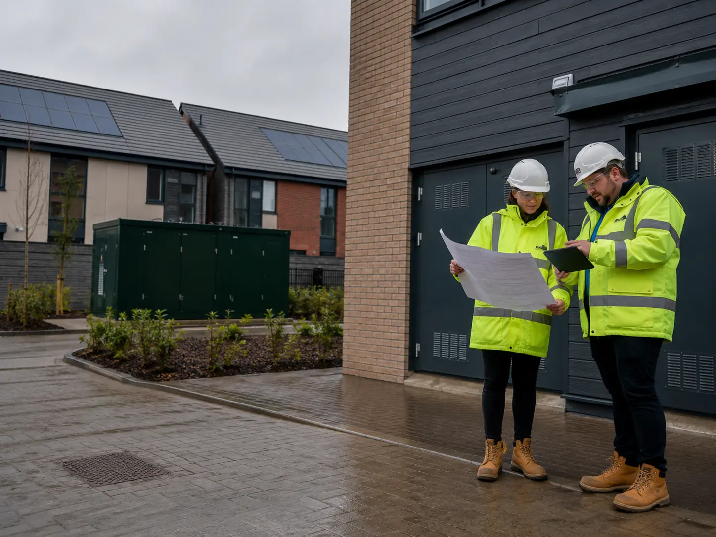 Energy infrastructure specialists assessing electrical and renewable energy systems for a housing project.